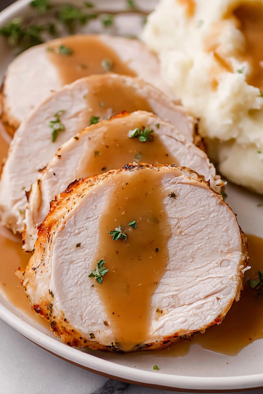 The image shows two thick slices of cooked white meat turkey arranged on a white plate with a smooth texture. A warm brown gravy is poured on top of each slice, flowing down the sides and pooling slightly at the base. Small green herb pieces are scattered over the gravy, adding spots of color contrast. The edges of the turkey slices have a lightly browned border, while the inside is pale with a tender texture. In the background, there is a hint of mashed potatoes with more gravy visible. The whole scene is set against a white marbled surface. photo taken with an iphone --ar 2:3 --v 7