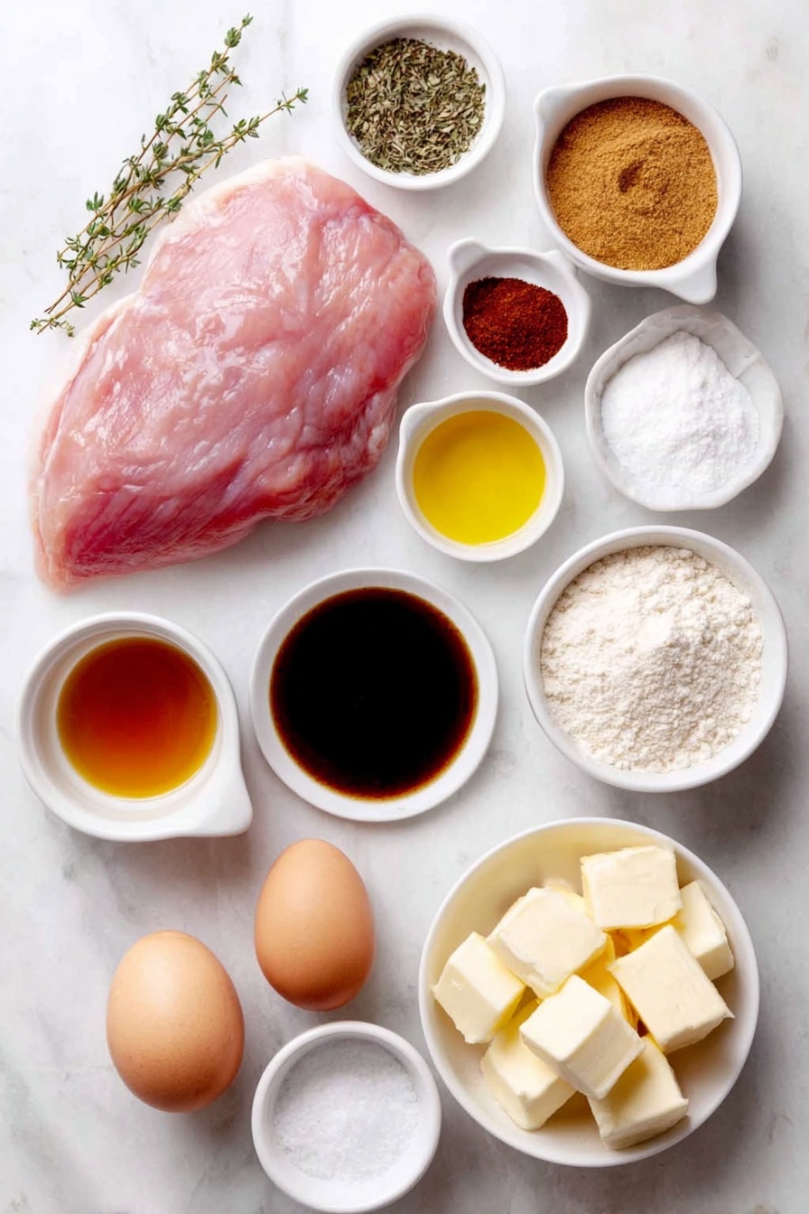 Flat lay of a fresh boneless turkey breast roast, a small white bowl of light brown sugar, a small white bowl of golden maple syrup, a small white bowl of amber honey, a small white bowl of dark reduced sodium soy sauce, a small white bowl of grainy whole grain mustard, a small white bowl containing smoked paprika, a small white bowl with onion powder, a small white bowl with garlic powder, a small white bowl of dried thyme leaves, a small white bowl of coarse kosher salt, a small white bowl of cracked black pepper, a small white bowl of pale yellow unsalted butter cubes, a small white bowl of pale all purpose flour, a small white bowl of clear to light brown chicken broth, a small white bowl of amber bourbon, a small white bowl of golden apple cider, and a small white bowl of smooth Dijon mustard, all placed on a clean white marble surface, soft natural light, photo taken with an iPhone, professional food photography style, fresh ingredients, white ceramic bowls, no bottles, no duplicates, no utensils, no packaging --ar 2:3 --v 7 --p m7354615311229779997