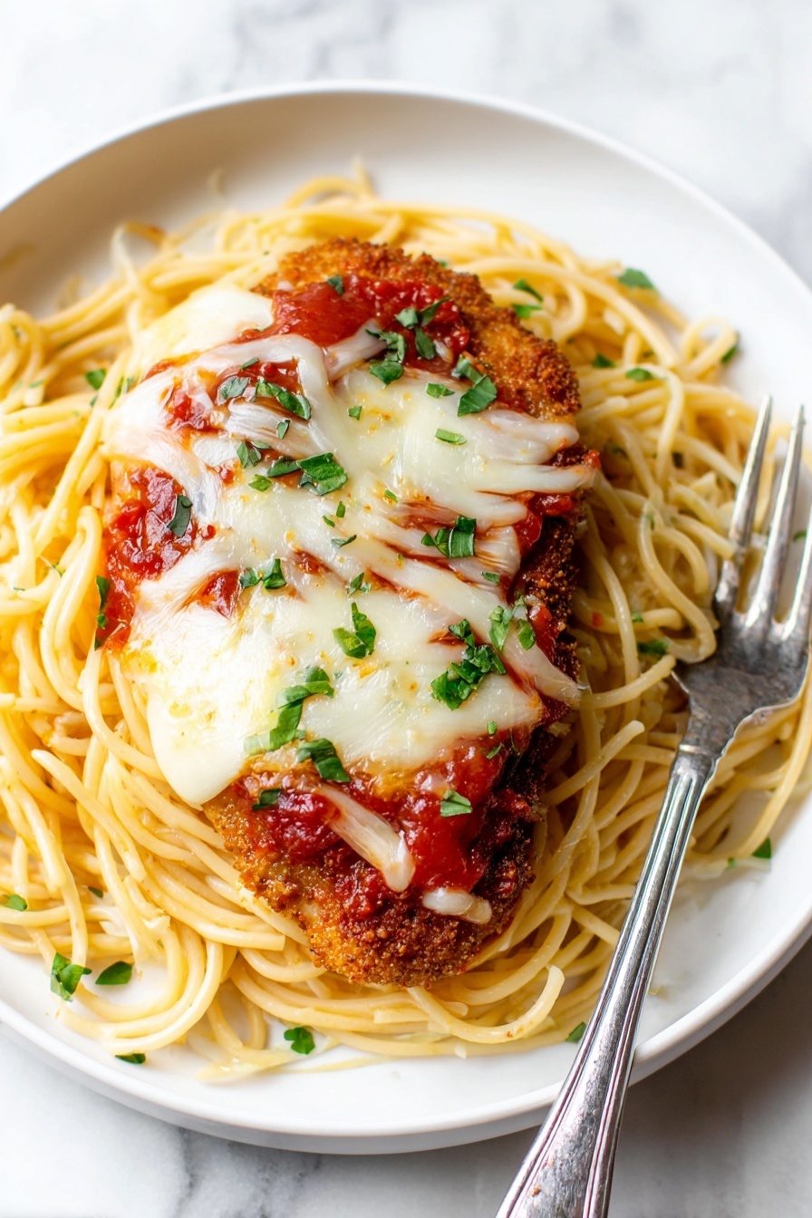 A white plate with a bed of cooked spaghetti pasta as the bottom layer, light yellow with a slight shine from sauce, topped with bright red tomato sauce lightly spread over the pasta and a large piece of golden brown breaded chicken in the center. On top of the chicken is a thick layer of melted white cheese with soft texture, scattered with chopped green herbs. The plate is set on a white marbled surface and a silver fork and knife rest beside the chicken. photo taken with an iphone --ar 2:3 --v 7