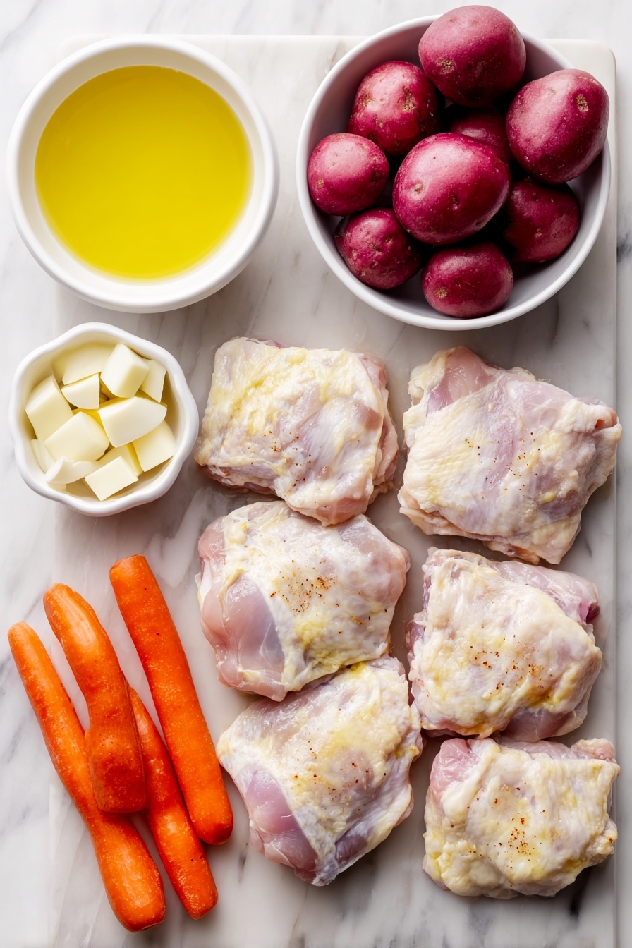 Flat lay of boneless skinless chicken thighs seasoned with smoked paprika, salt, and black pepper arranged neatly, a small mound of smoked paprika powder, two whole brown garlic bulbs with separated cloves peeled and minced beside them, a medium red onion chopped into large pieces, halved baby red potatoes showing smooth, fresh cut surfaces, whole baby carrots with vibrant orange skin, a small white ceramic bowl of golden olive oil, a small white ceramic bowl of clear chicken broth, a small white ceramic bowl containing a white cornstarch powder, and a small white ceramic bowl of clear water, all placed on a clean white marble surface, soft natural light, photo taken with an iPhone, professional food photography style, fresh ingredients, white ceramic bowls, no bottles, no duplicates, no utensils, no packaging --ar 2:3 --v 7 --p m7354615311229779997