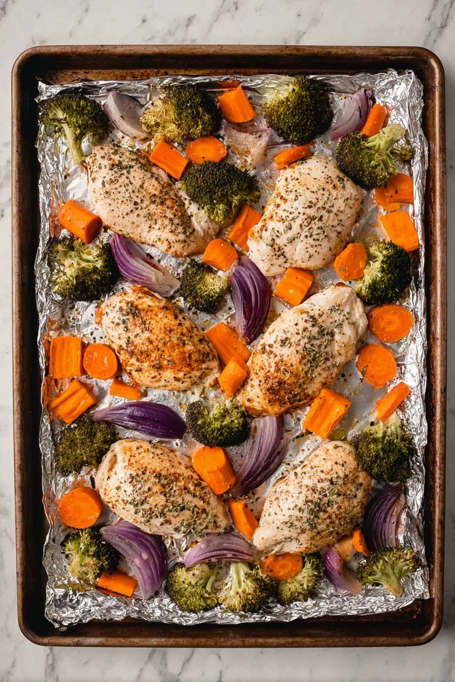 A black baking tray lined with crumpled aluminum foil holds five seasoned cooked chicken pieces spread evenly in the center, surrounded by colorful roasted vegetables. There are bright orange carrot chunks, green broccoli florets, and purple onion slices scattered around the chicken. The vegetables and chicken have a slightly crispy browned texture. The background is a white marbled surface with a blue cloth having white pom-pom trim visible on the left edge. photo taken with an iphone --ar 2:3 --v 7