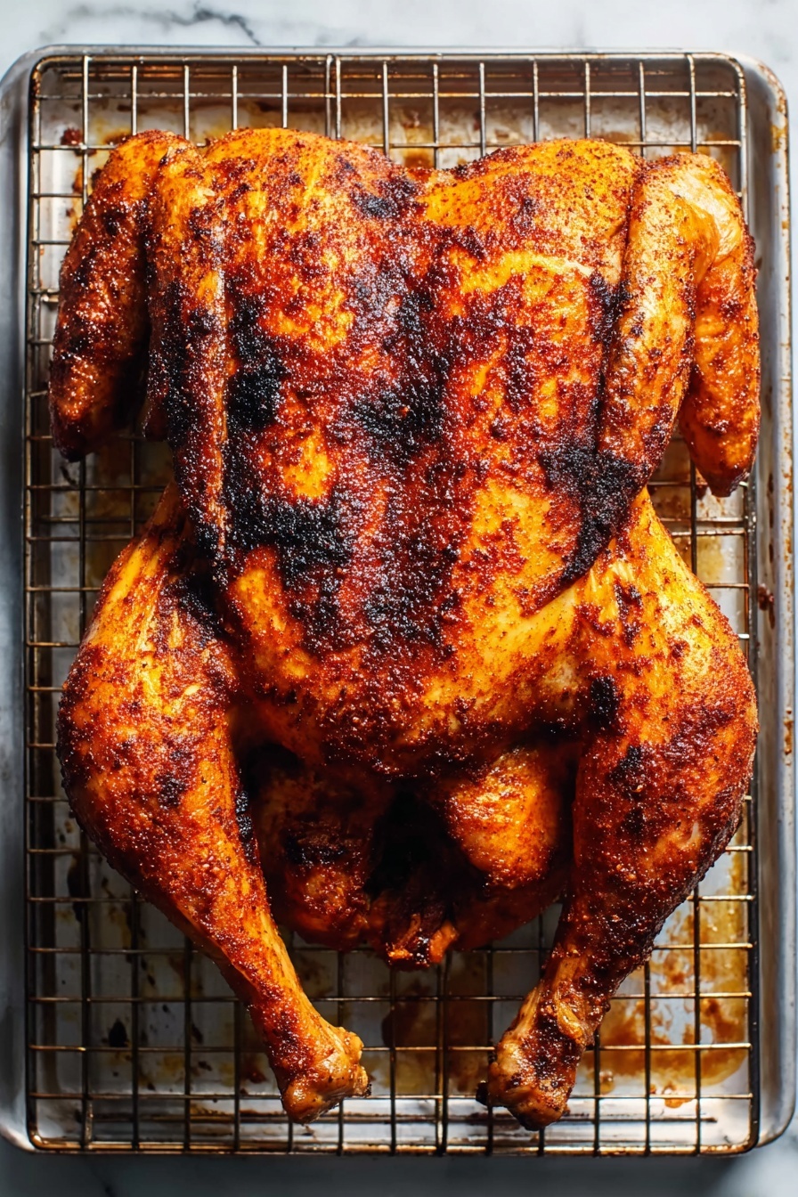 A white plate on a white marbled surface holds a large piece of roasted chicken with a deep brown, shiny, crispy skin layer covering the chicken leg and thigh. Shredded and sliced light golden brown chicken meat is placed next to the roasted chicken, showing a tender and juicy texture. Fresh green parsley leaves are spread around the chicken pieces as garnish, adding a bright green contrast around the edges of the plate. In the background, a white bowl with an orange-brown creamy sauce is slightly visible. Photo taken with an iphone --ar 2:3 --v 7