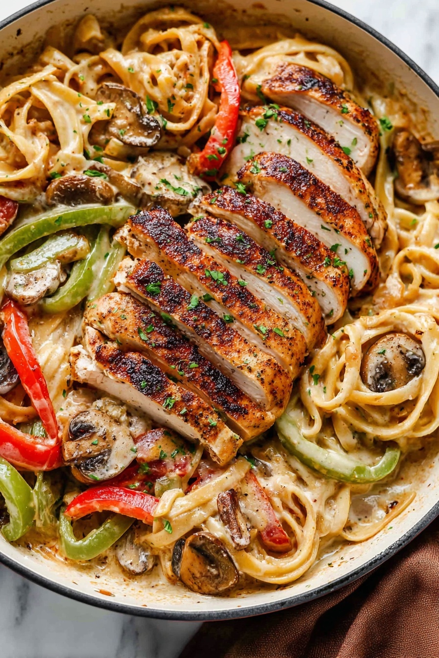 The dish shows a white round bowl filled with three main layers: the bottom layer is a mix of thin noodles, sautéed green and red peppers, and mushrooms, all lightly coated with sauce and sprinkled with chopped green herbs; the top layer is sliced grilled chicken with a golden brown, slightly charred crust and visible seasoning, arranged neatly across the noodles; in the background, there is a dark fork stuck into the noodles, adding depth to the scene. The entire dish sits on a white marbled surface. Photo taken with an iphone --ar 2:3 --v 7