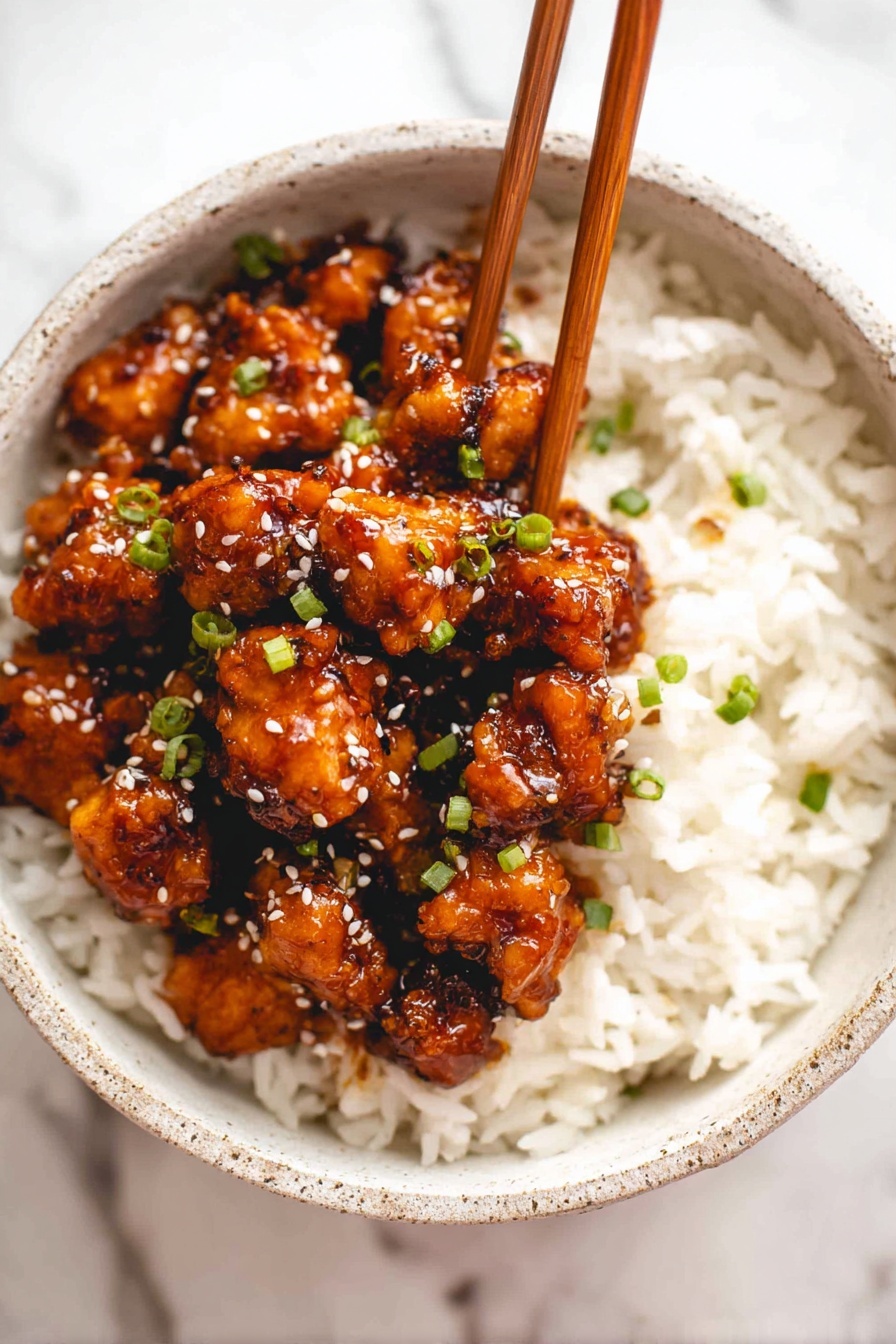 A white bowl holds a bed of fluffy white rice as the base layer, topped with chunks of glossy dark reddish-brown glazed chicken pieces. The chicken is coated in a rich sauce and sprinkled lightly with white sesame seeds and small green chopped scallions, adding texture and color contrast. A pair of wooden chopsticks is picking up some chicken from the side of the bowl. The bowl rests on a white marbled surface. photo taken with an iphone --ar 2:3 --v 7