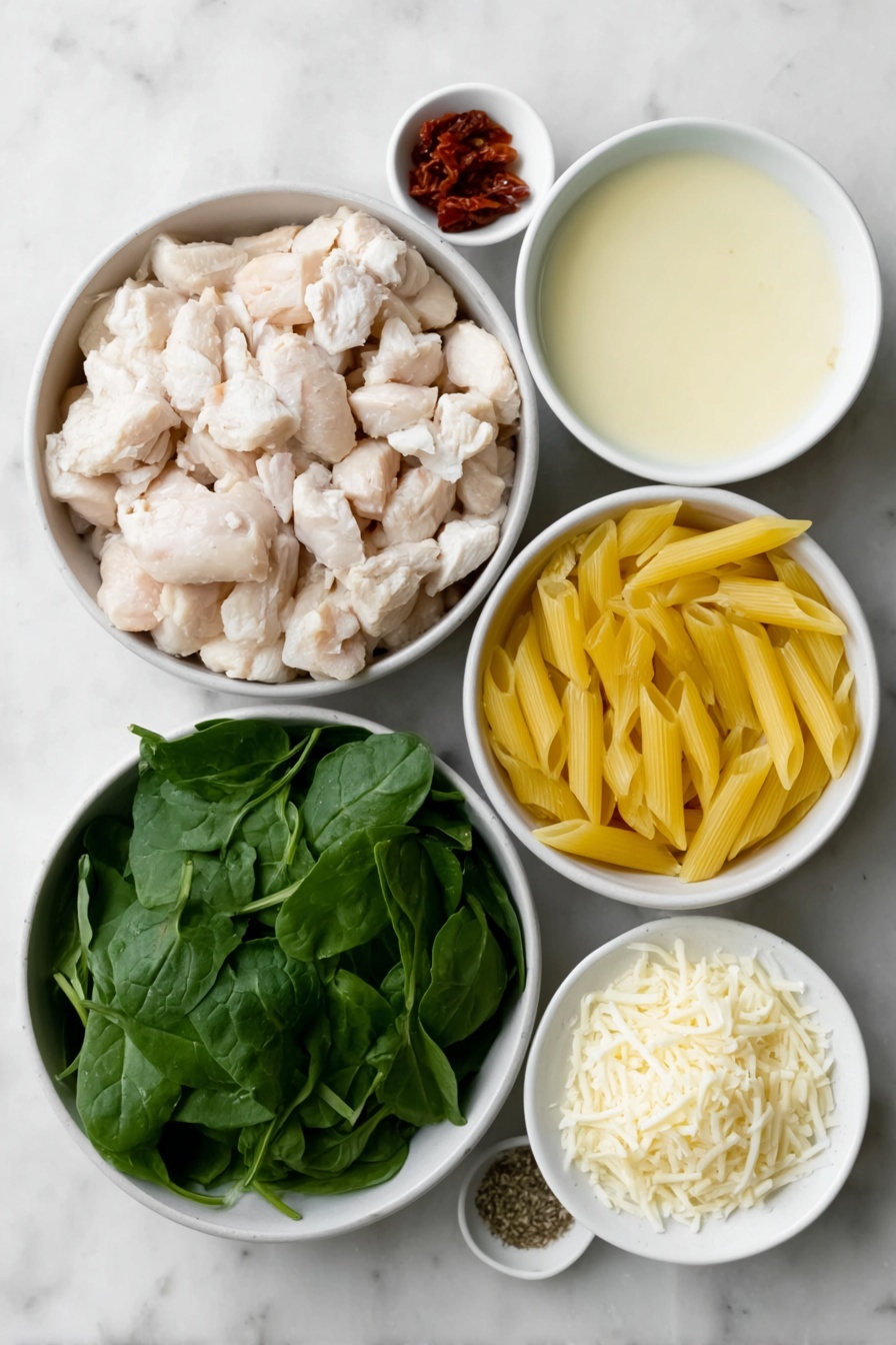 Flat lay of diced raw chicken breast pieces, uncooked penne pasta, a small white bowl of heavy cream, a small white bowl of chicken broth, a small white bowl of chopped fresh spinach, a small white bowl of chopped sun-dried tomatoes, a small white bowl of Italian seasoning blend, a small white bowl of garlic powder, a small white bowl of onion powder, a small white bowl of salt, a small white bowl of black pepper, a small white bowl of shredded parmesan cheese, a small white bowl of grated mozzarella cheese, placed on a clean white marble surface, soft natural light, photo taken with an iPhone, professional food photography style, fresh ingredients, white ceramic bowls, no bottles, no duplicates, no utensils, no packaging --ar 2:3 --v 7 --p m7354615311229779997