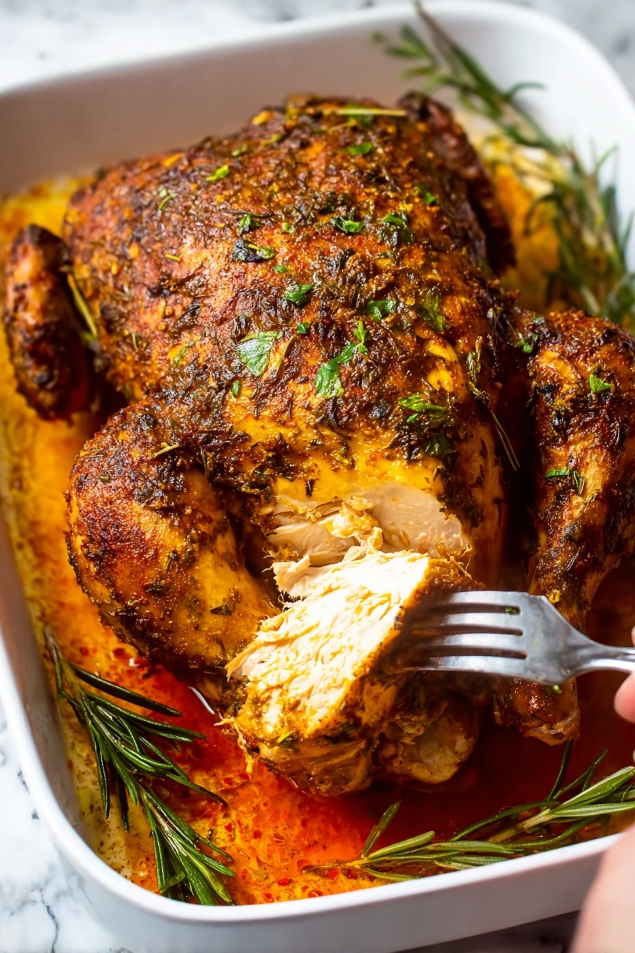 A close-up of a cooked large piece of roasted poultry with a seasoned, crispy brown crust on the outside, showing the white moist interior meat as a slice is taken out with a silver fork. The dish rests on a white plate with dark green rosemary sprigs and a reddish oily sauce pooling at the bottom on a white marbled surface. The golden-brown seasoned crust contrasts with the pale tender meat inside. photo taken with an iphone --ar 2:3 --v 7