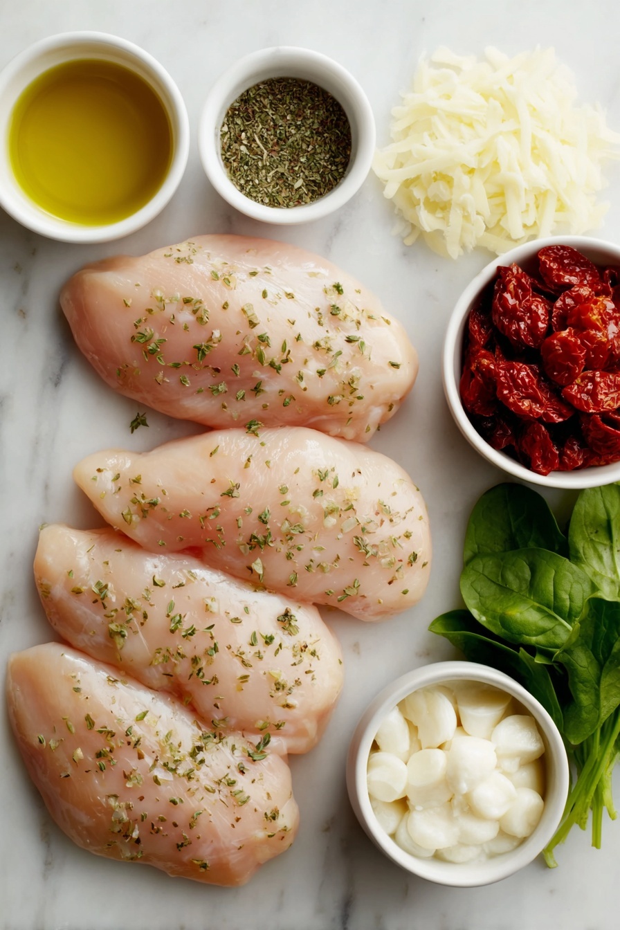 Flat lay of four boneless skinless chicken breasts with natural pink tones, a small white bowl of extra virgin olive oil with a golden sheen, a few whole garlic cloves still in their papery skins, a small pile of finely chopped yellow onion pieces, thinly sliced sun-dried tomatoes with deep red hues, a handful of fresh vibrant baby spinach leaves, a small white bowl filled with creamy heavy cream, a small mound of freshly grated parmesan cheese with fine texture, a sprinkle of coarse Italian seasoning herbs, kosher salt crystals, and a few whole black peppercorns scattered neatly, all arranged symmetrically on simple white ceramic bowls and plates, placed on a clean white marble surface, soft natural light, photo taken with an iPhone, professional food photography style, fresh ingredients, white ceramic bowls, no bottles, no duplicates, no utensils, no packaging --ar 2:3 --v 7 --p m7354615311229779997