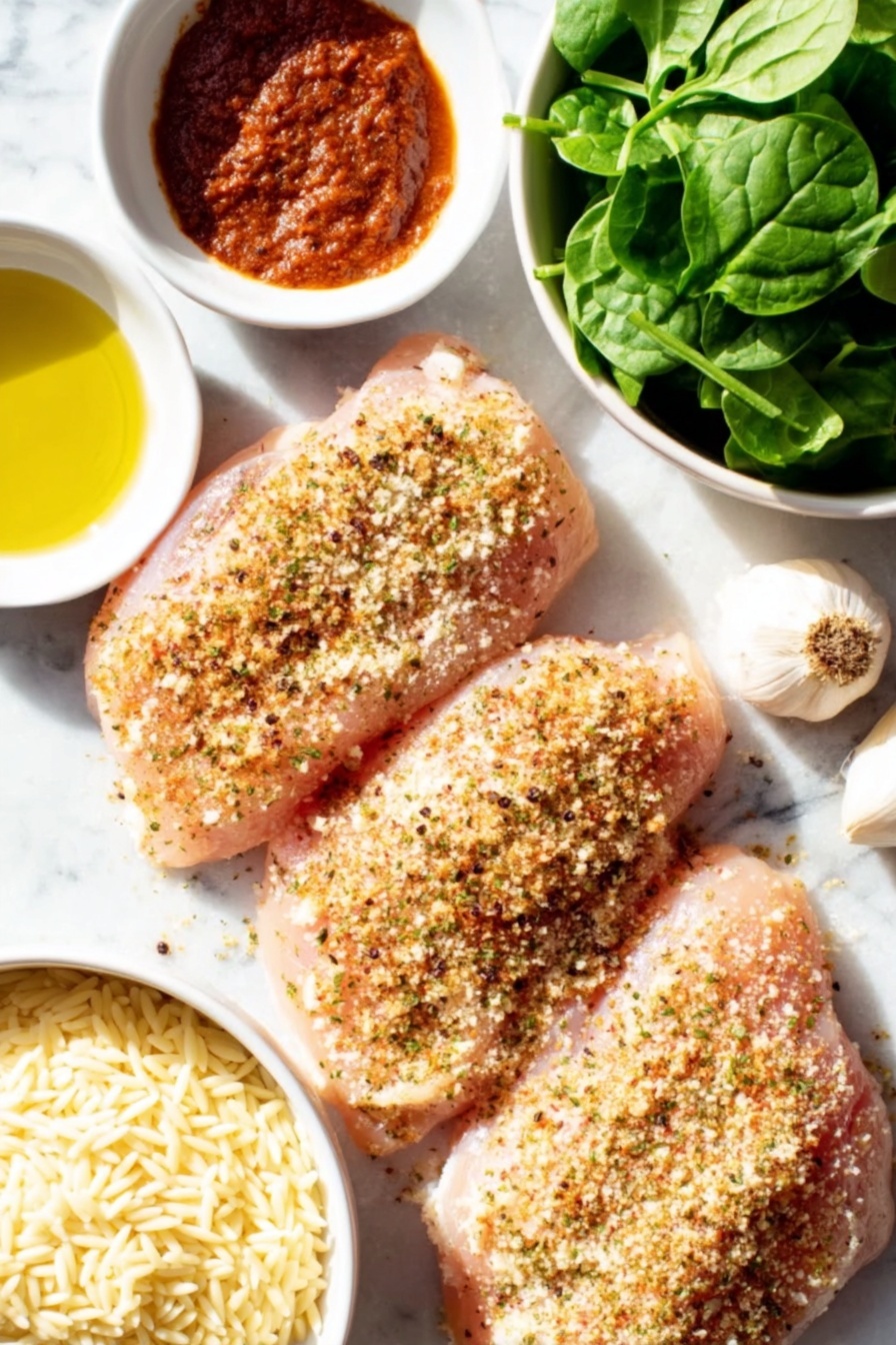 Flat lay of thin raw chicken breasts seasoned with sea salt, cracked black pepper, garlic powder and paprika, a few uncracked brown eggs, a small white ceramic bowl with golden olive oil, several peeled garlic cloves, a small white ceramic bowl with clear white wine, a small white ceramic bowl filled with low sodium chicken broth, a small white ceramic bowl of dried Italian seasoning herbs, a small white ceramic bowl with crushed red pepper flakes, a small white ceramic bowl filled with uncooked orzo pasta, a small white ceramic bowl of heavy cream, a small white ceramic bowl with grated parmesan cheese, a small white ceramic bowl containing bright red tomato paste, and two handfuls of fresh baby spinach leaves all arranged symmetrically, placed on a clean white marble surface, soft natural light, photo taken with an iPhone, professional food photography style, fresh ingredients, white ceramic bowls, no bottles, no duplicates, no utensils, no packaging --ar 2:3 --v 7 --p m7354615311229779997