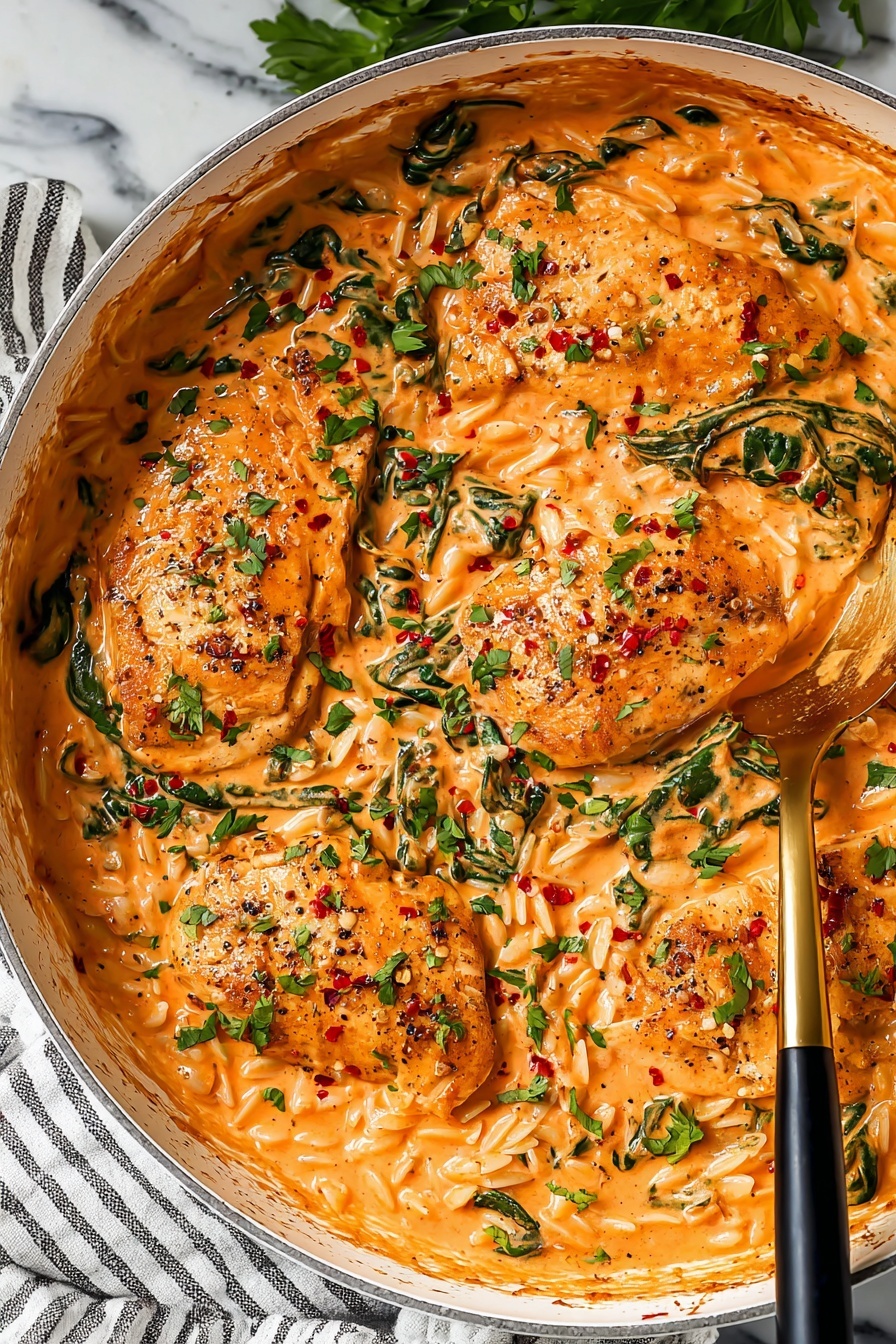 A white plate holds a creamy, orange-colored orzo pasta with bits of green spinach mixed in, forming the base layer. On top, there are six slices of golden-brown grilled chicken breast arranged in a row, showing a juicy, tender inside and a slightly crispy, speckled outer surface. The chicken is sprinkled with small green parsley leaves and some white grated cheese, creating a fresh and textured garnish. The background surface is white marble. Photo taken with an iphone --ar 2:3 --v 7