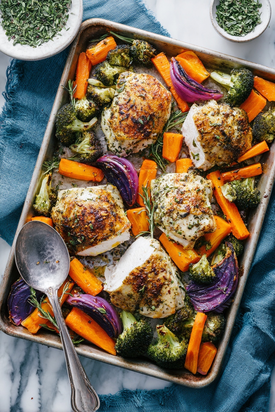 The image shows a white tray filled with four large cooked chicken pieces, slightly browned with herbs sprinkled on top. Surrounding the chicken are bright orange carrot sticks, green broccoli florets, and wedges of purple onion, all roasted and spread evenly across the tray. One chicken piece is sliced into thick strips, revealing the white inside, resting on the bottom right of the tray next to some carrots and broccoli. A silver spoon with a long handle rests on the right side of the tray on top of some vegetables. The tray sits on a white marbled surface with part of a white bowl filled with chopped herbs on the right edge, and a blue cloth napkin is visible under the tray at the bottom right corner. Photo taken with an iphone --ar 2:3 --v 7