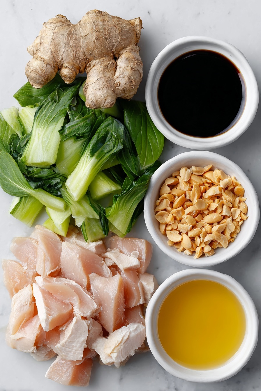 Flat lay of a small knob of fresh ginger, six whole cloves of garlic with clean white skins, a medium red onion halved to show the bright purple layers, thin sliced raw boneless chicken breast strips arranged neatly, roughly chopped baby bok choy with green leafy tops and white stalks, a handful of fresh Thai basil leaves torn, a small pile of dry-roasted peanuts, a small white ceramic bowl of dark reduced sodium soy sauce, a small white ceramic bowl of clear rice vinegar, a small white ceramic bowl of golden toasted sesame oil, a small white ceramic bowl of pale granulated sugar, a small white ceramic bowl of white cornstarch, a small white ceramic bowl with red chili paste, and a small white ceramic bowl with light golden vegetable oil, all placed on a clean white marble surface, soft natural light, photo taken with an iPhone, professional food photography style, fresh ingredients, white ceramic bowls, no bottles, no duplicates, no utensils, no packaging --ar 2:3 --v 7 --p m7354615311229779997
