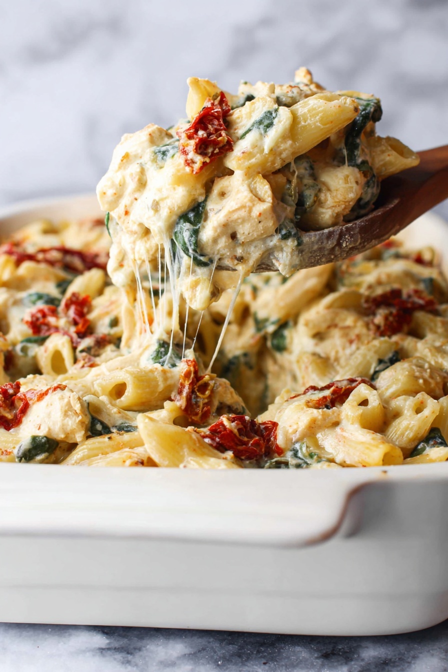 A white rectangular baking dish filled with a creamy pasta bake made of three main layers: the bottom layer is creamy white sauce mixed with chunks of white chicken pieces and bright red sun-dried tomato strips. The middle layer has golden yellow penne pasta that is soft and covered with the sauce and mixed with deep green spinach leaves. The top layer shows a light sprinkling of melted grated cheese with a few darker toasted spots. A dark wooden spoon rests on the right side, scooping some pasta, and the dish is placed on a white marbled surface with fresh green spinach leaves nearby. Photo taken with an iphone --ar 2:3 --v 7