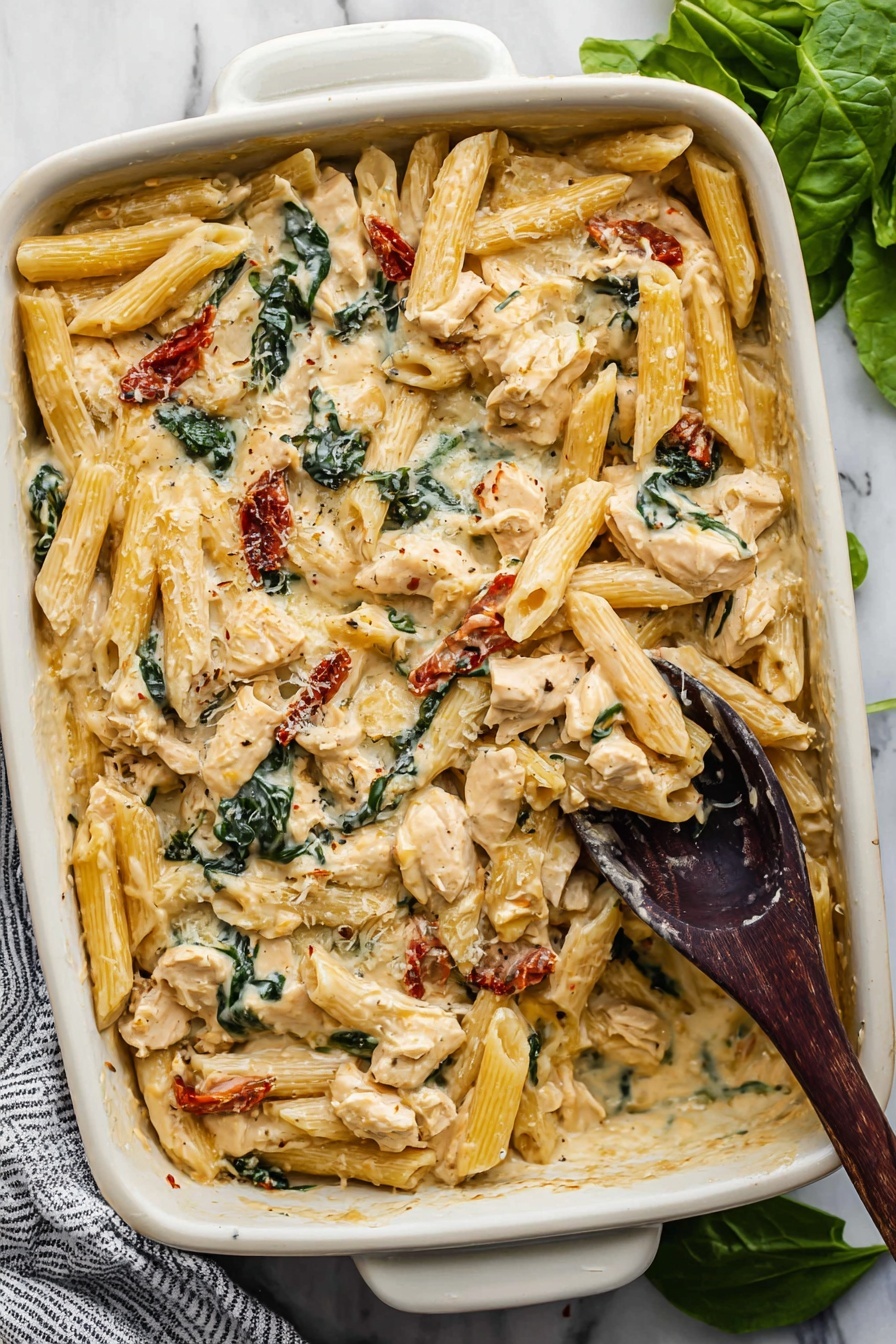 This image shows a close-up of a creamy pasta dish being lifted from a white baking dish with a dark wooden spoon. The pasta is layered with creamy white sauce, light yellow pasta tubes, wilted dark green spinach, and pieces of bright red sun-dried tomatoes, all mixed together. The sauce looks thick and smooth, dripping slightly from the spoon. The white baking dish contrasts with the colorful and creamy contents inside, set on a white marbled surface. photo taken with an iphone --ar 2:3 --v 7