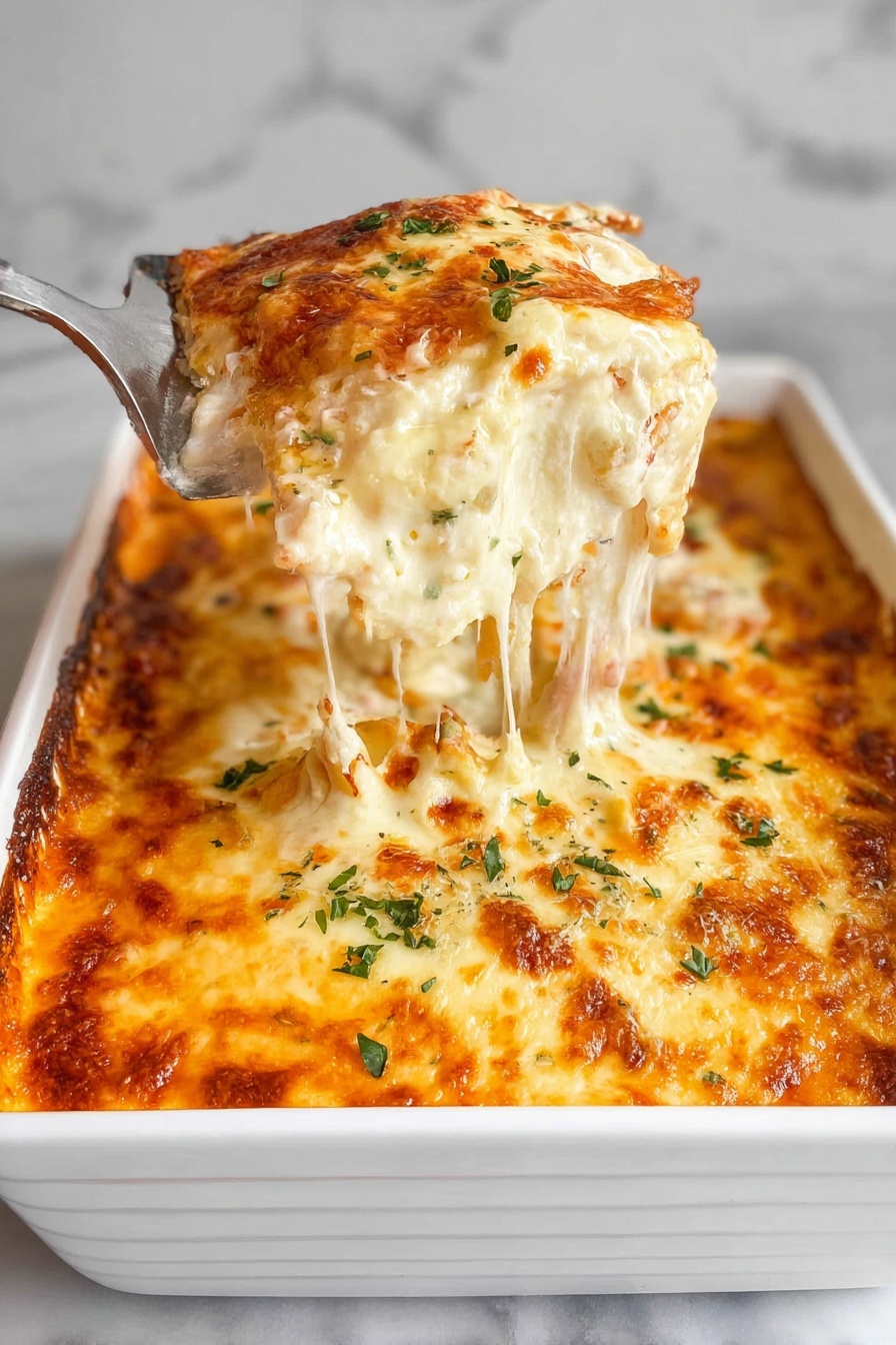 A white ceramic baking dish holds a rich, three-layered cheesy casserole. The top layer is golden-brown melted cheese with bubbly browned spots and small green herb pieces sprinkled all over. Below the cheese, there is a creamy white sauce that looks thick and smooth. A woman's hand is lifting a large portion with melted cheese strings stretching from the dish, revealing layers of tender pasta and creamy layers beneath. The dish sits on a white marbled surface, highlighting the warm colors of the casserole. photo taken with an iphone --ar 2:3 --v 7
