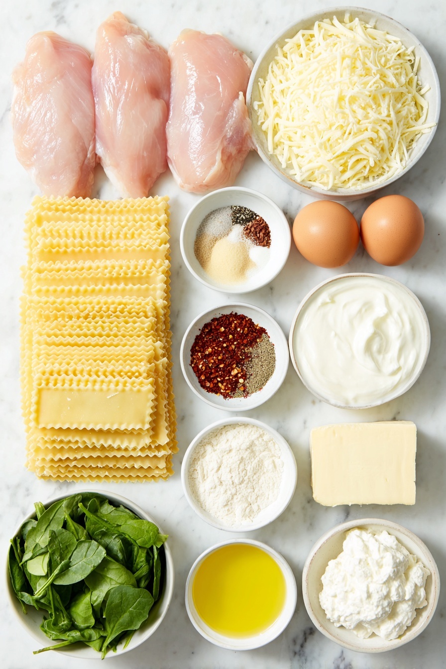 Flat lay of fresh uncooked lasagna noodle sheets stacked neatly, three raw whole chicken breasts with smooth skin, a small white bowl of bright golden olive oil, a small white bowl of vibrant red smoked paprika powder, a small white bowl of deep red cayenne pepper, a small white bowl of light beige onion powder, a small white bowl of brown sugar crystals, a small white bowl of fine garlic powder, a small white bowl of cracked black pepper, a small white bowl of coarse salt, a small white bowl of dried thyme leaves, a small white bowl of dried oregano leaves, a small white bowl of creamy softened cream cheese block, a small white bowl of white ricotta cheese with a slightly grainy texture, a small white bowl of finely grated pale parmesan cheese, a small white bowl of yellow shredded colby jack cheese, a small white bowl of white shredded mozzarella cheese, a small white bowl of minced fresh garlic cloves, a small white bowl of fresh bright green chopped spinach (drained), all ingredients arranged symmetrically and balanced, placed on a clean white marble surface, soft natural light, photo taken with an iPhone, professional food photography style, fresh ingredients, white ceramic bowls, no bottles, no duplicates, no utensils, no packaging --ar 2:3 --v 7 --p m7354615311229779997