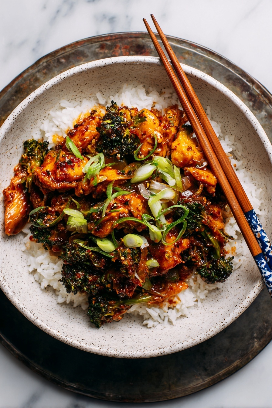 A white speckled bowl filled with a base layer of fluffy white rice, on top are several pieces of golden brown glazed chicken, some charred dark spots giving a crispy texture, mixed with vibrant green broccoli florets. Thin green onion strips are sprinkled over the chicken for garnish, and a pair of wooden chopsticks with patterned blue handles rests on the edge of the bowl. The bowl is placed on a rustic dark metal tray over a white marbled surface. photo taken with an iphone --ar 2:3 --v 7