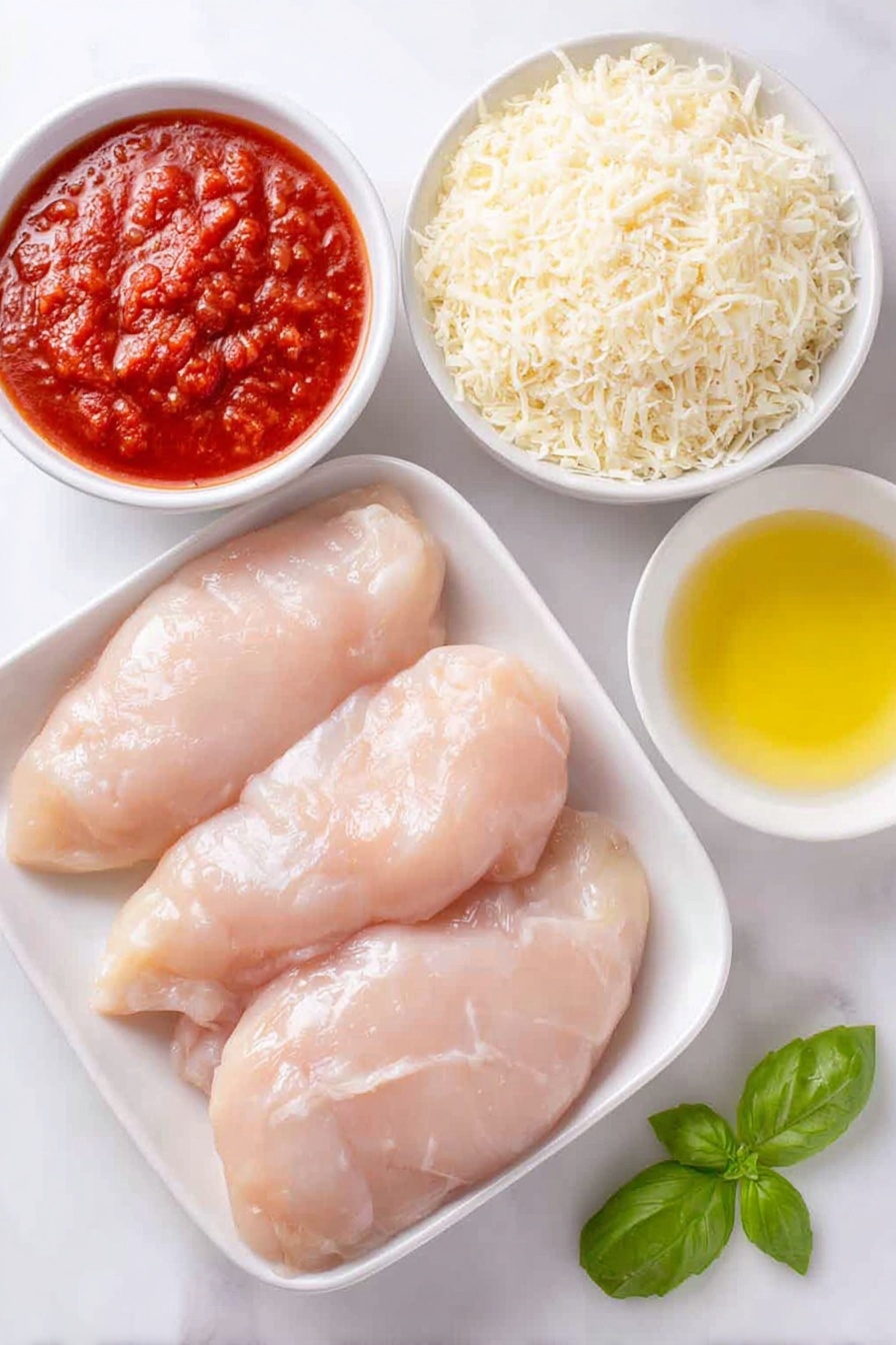 Flat lay of four boneless, skinless chicken breasts, a small white ceramic bowl of seasoned golden breadcrumbs, a small white bowl holding finely grated pale Parmesan cheese, a small white bowl with melted golden butter, a small white bowl filled with shredded white mozzarella cheese, a small white bowl of rich red marinara sauce, and a few fresh green basil leaves, all arranged symmetrically on a clean white marble surface, soft natural light, photo taken with an iPhone, professional food photography style, fresh ingredients, white ceramic bowls, no bottles, no duplicates, no utensils, no packaging --ar 2:3 --v 7 --p m7354615311229779997