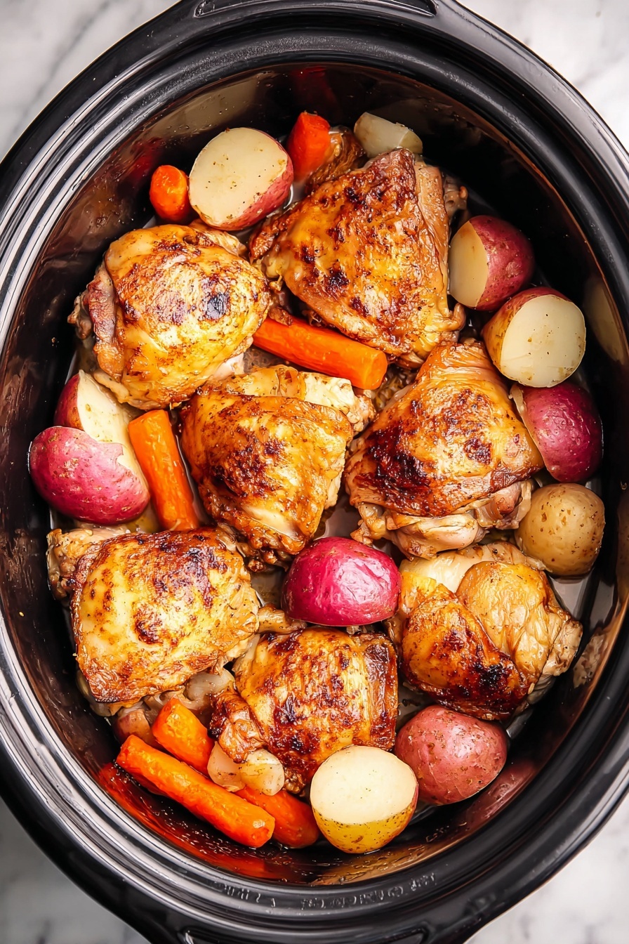 The image shows a black slow cooker filled with eight golden brown chicken thighs on top of colorful small potatoes and bright orange baby carrots. The chicken thighs have crispy skin with a mix of light and dark brown spots, showing they are cooked well. Below the chicken, there are layers of red and white small potato halves and whole bright orange baby carrots that add color contrast. The ingredients rest in a small amount of light broth at the bottom of the slow cooker. The background is a white marbled surface. photo taken with an iphone --ar 2:3 --v 7
