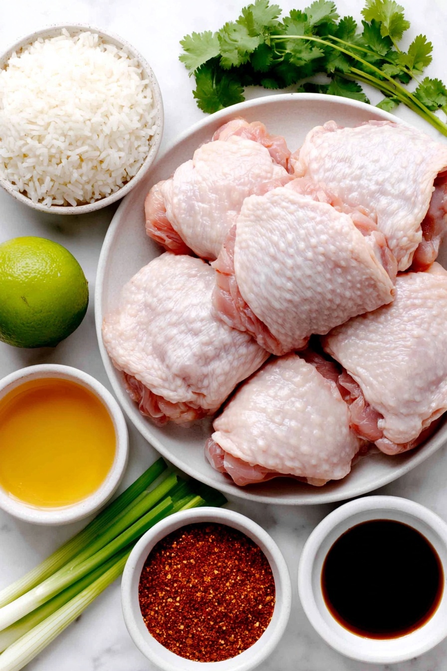Flat lay of fresh raw chicken thighs with pale pink skin and bone visible, a small white bowl of golden avocado oil, a small white bowl of thick amber honey, a small white bowl of dark brown tamari sauce, four peeled garlic cloves next to minced garlic piles, a small white bowl of apple cider vinegar with a pale amber tint, a small white bowl with bright red paprika powder, a small white bowl of light beige onion powder, a small white bowl of cooked white rice, thinly sliced green onions with bright green tops and white bottoms, fresh bright green cilantro leaves scattered, and two halves of a fresh lime with vivid green skin and juicy pulp placed on a clean white marble surface, soft natural light, photo taken with an iPhone, professional food photography style, fresh ingredients, white ceramic bowls, no bottles, no duplicates, no utensils, no packaging --ar 2:3 --v 7 --p m7354615311229779997