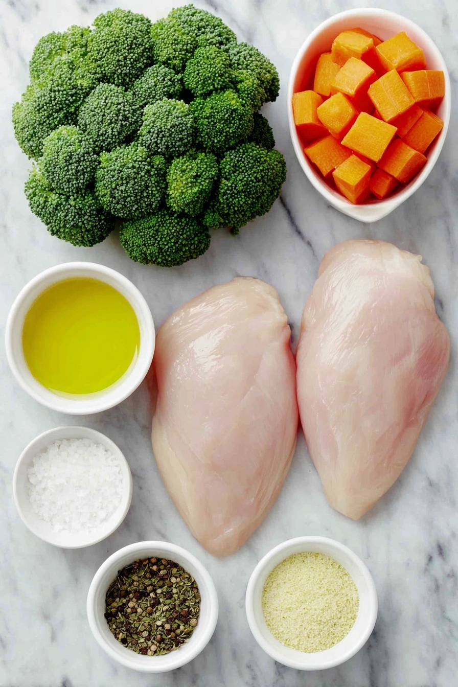 Flat lay of two boneless, skinless chicken breasts with smooth, pale pink flesh, a small mound of fresh broccoli florets in rich green hues cut into bite-sized pieces, three large bright orange carrots sliced into chunks, a small white ceramic bowl filled with golden olive oil, and another small white ceramic bowl containing a pile of mixed Italian seasoning herbs with flecks of dried green, red, and brown, arranged in perfect symmetry on a clean white marble surface, soft natural light, photo taken with an iPhone, professional food photography style, fresh ingredients, white ceramic bowls, no bottles, no duplicates, no utensils, no packaging --ar 2:3 --v 7 --p m7354615311229779997