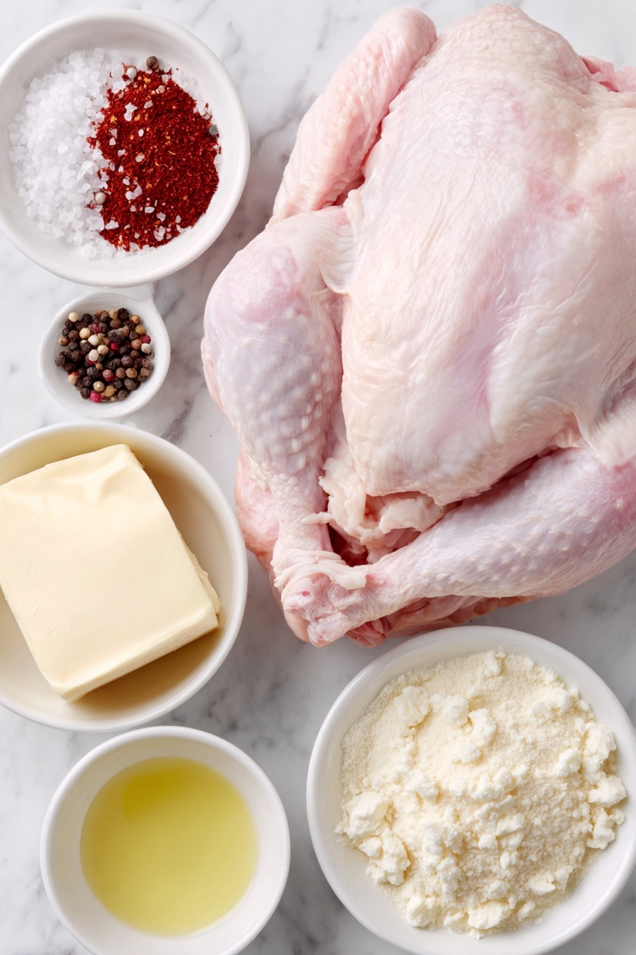 Flat lay of a whole raw spatchcocked turkey with skin intact, a small white ceramic bowl of coarse kosher salt, a small white ceramic bowl of cracked black peppercorns, a small white ceramic bowl of bright red paprika powder, a small white ceramic bowl of fine white garlic powder, a small white ceramic bowl of light beige onion powder, a small white ceramic bowl filled with pale yellow softened salted butter, and a small white ceramic bowl holding golden olive oil, all arranged symmetrically and balanced, placed on a clean white marble surface, soft natural light, photo taken with an iPhone, professional food photography style, fresh ingredients, white ceramic bowls, no bottles, no duplicates, no utensils, no packaging --ar 2:3 --v 7 --p m7354615311229779997