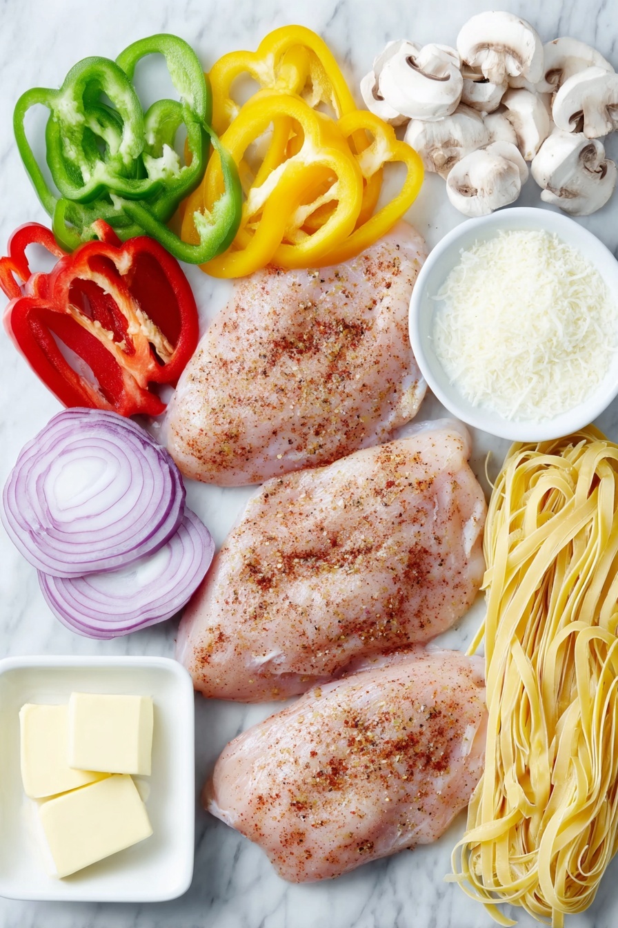 Flat lay of fresh boneless skinless chicken breasts seasoned lightly with Cajun spices, a small white ceramic bowl of reddish-brown Cajun seasoning powder, two tablespoons of golden butter on a white ceramic plate, a bundle of uncooked linguine pasta neatly coiled, three sliced multi-color bell pepper rings (red, yellow, and orange) arranged on a simple white ceramic dish, thinly sliced vibrant purple red onion on a white ceramic plate, a small pile of fresh white and light brown cremini mushrooms sliced, and a small white bowl filled with creamy heavy cream, all placed on a clean white marble surface, soft natural light, photo taken with an iPhone, professional food photography style, fresh ingredients, white ceramic bowls, no bottles, no duplicates, no utensils, no packaging --ar 2:3 --v 7 --p m7354615311229779997