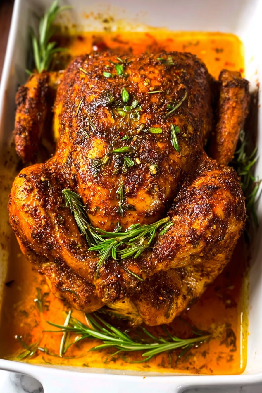 The image shows a whole roasted chicken with a dark golden-brown, crispy skin covered in a mix of herbs and spices, giving it a textured look. The chicken is placed on a white rectangular dish, sitting in a pool of rich, reddish-brown sauce. Around the chicken, fresh green rosemary sprigs are placed in the sauce, adding a touch of color. The background is a white marbled texture. photo taken with an iphone --ar 2:3 --v 7