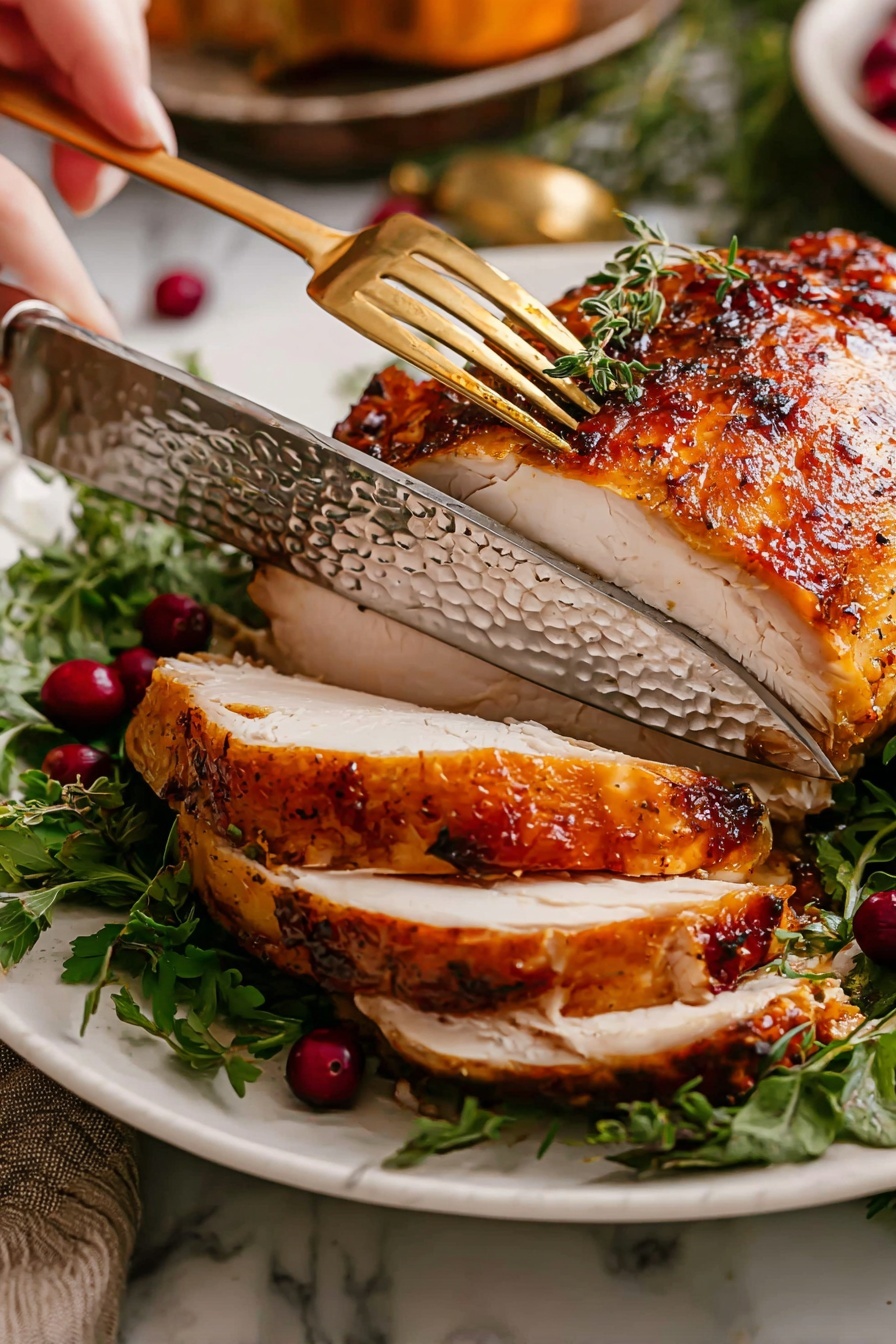 A white plate holds a whole cooked turkey breast with a browned, slightly crispy skin speckled with herbs. Three thick slices of the white turkey meat sit in front, showing a tender texture. Bright red cranberries and fresh green herb sprigs surround the turkey, adding vibrant color and texture around the plate. A woman's hand holds a gold fork piercing the turkey, while a shiny textured knife slices through the meat. The background is a white marbled surface. Photo taken with an iphone --ar 2:3 --v 7