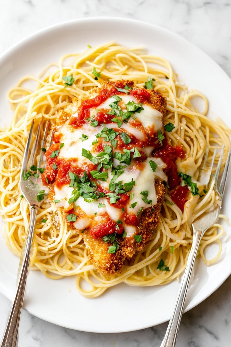 A white plate on a white marbled surface holds a serving of spaghetti layered at the bottom, with smooth, pale yellow noodles arranged loosely in a circular shape. On top, there is a breaded, golden-brown cooked meat piece covered partially with a bright red tomato sauce and melted pale yellow cheese. Small green herb pieces are sprinkled over the cheese and sauce. A silver fork rests on the plate, holding a small bite of the meat and some noodles. The scene is bright and inviting, showing a close-up of the dish. photo taken with an iphone --ar 2:3 --v 7