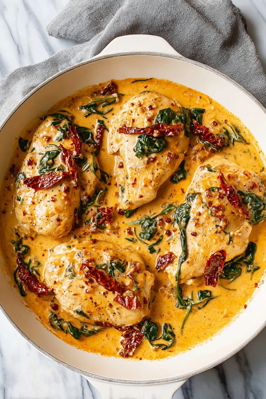 The image shows a white pan with four cooked chicken breasts in a creamy orange sauce. The sauce contains dark green spinach leaves and dark red sun-dried tomatoes spread evenly over the chicken and sauce. The chicken breasts have some black pepper seasoning visible on top. The pan is set on a white marbled surface with a gray cloth partially visible underneath the pan handle. Photo taken with an iphone --ar 2:3 --v 7