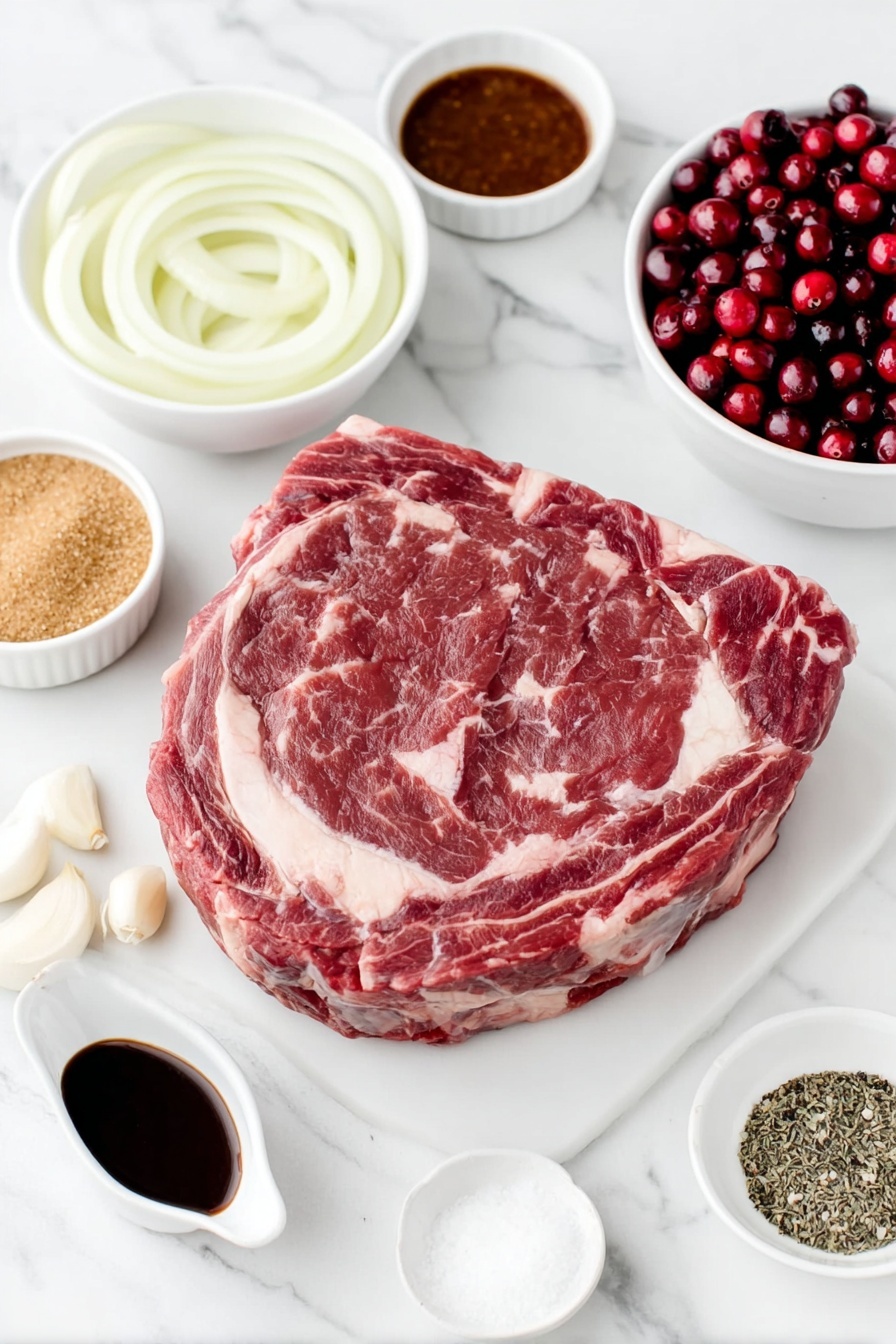 Flat lay of a large raw chuck roast with rich red marbling, a whole large yellow onion sliced into rings arranged neatly, a small white bowl filled with fresh whole berry cranberry sauce showing whole cranberries and vibrant red color, a small white bowl with dark brown packed brown sugar, four whole garlic cloves with smooth white papery skins, a small white bowl containing dried minced onion flakes, a small white bowl of fine ground thyme powder, a small white bowl of coarse kosher salt crystals, a small white bowl of ground black pepper, and a small white bowl with dark glossy Worcestershire sauce, all ingredients fresh and natural, perfectly symmetrical and balanced on simple white ceramic bowls, placed on a clean white marble surface, soft natural light, photo taken with an iPhone, professional food photography style, fresh ingredients, white ceramic bowls, no bottles, no duplicates, no utensils, no packaging --ar 2:3 --v 7 --p m7354615311229779997