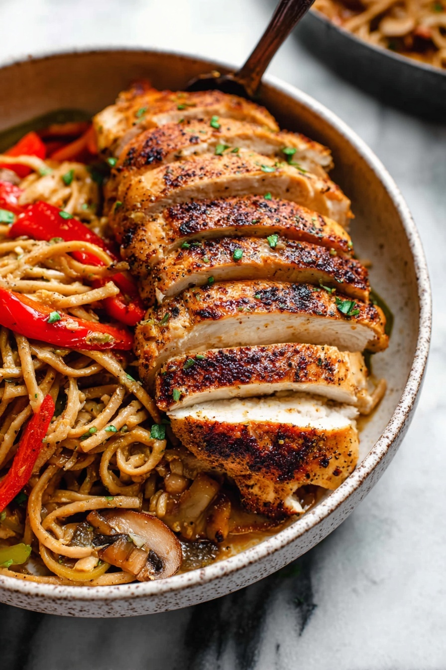 A white pan filled with a creamy noodle dish layered with grilled chicken slices arranged on top, showing a golden-brown crust with visible seasoning and sprinkled green herbs. Beneath the chicken, thick noodles twist and blend with colorful vegetables like green and red bell pepper strips and mushrooms, all coated in a light creamy sauce. The dish is set on a white marbled background with a brown cloth next to the pan. photo taken with an iphone --ar 2:3 --v 7