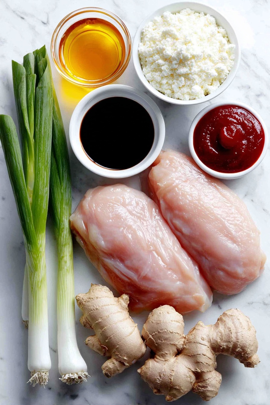 Flat lay of finely diced fresh ginger, two cloves of whole uncracked garlic, a small white ceramic bowl of golden honey, a small white ceramic bowl of dark low-sodium soy sauce, a small white ceramic bowl of bright red ketchup, a small white ceramic bowl of amber toasted sesame oil, a small white ceramic bowl with white sesame seeds, raw boneless skinless chicken breasts, a small white ceramic bowl of white cornstarch, three stalks of fresh green onions, all ingredients arranged symmetrically and proportionally on a clean white marble surface, soft natural light, photo taken with an iPhone, professional food photography style, fresh ingredients, white ceramic bowls, no bottles, no duplicates, no utensils, no packaging --ar 2:3 --v 7 --p m7354615311229779997