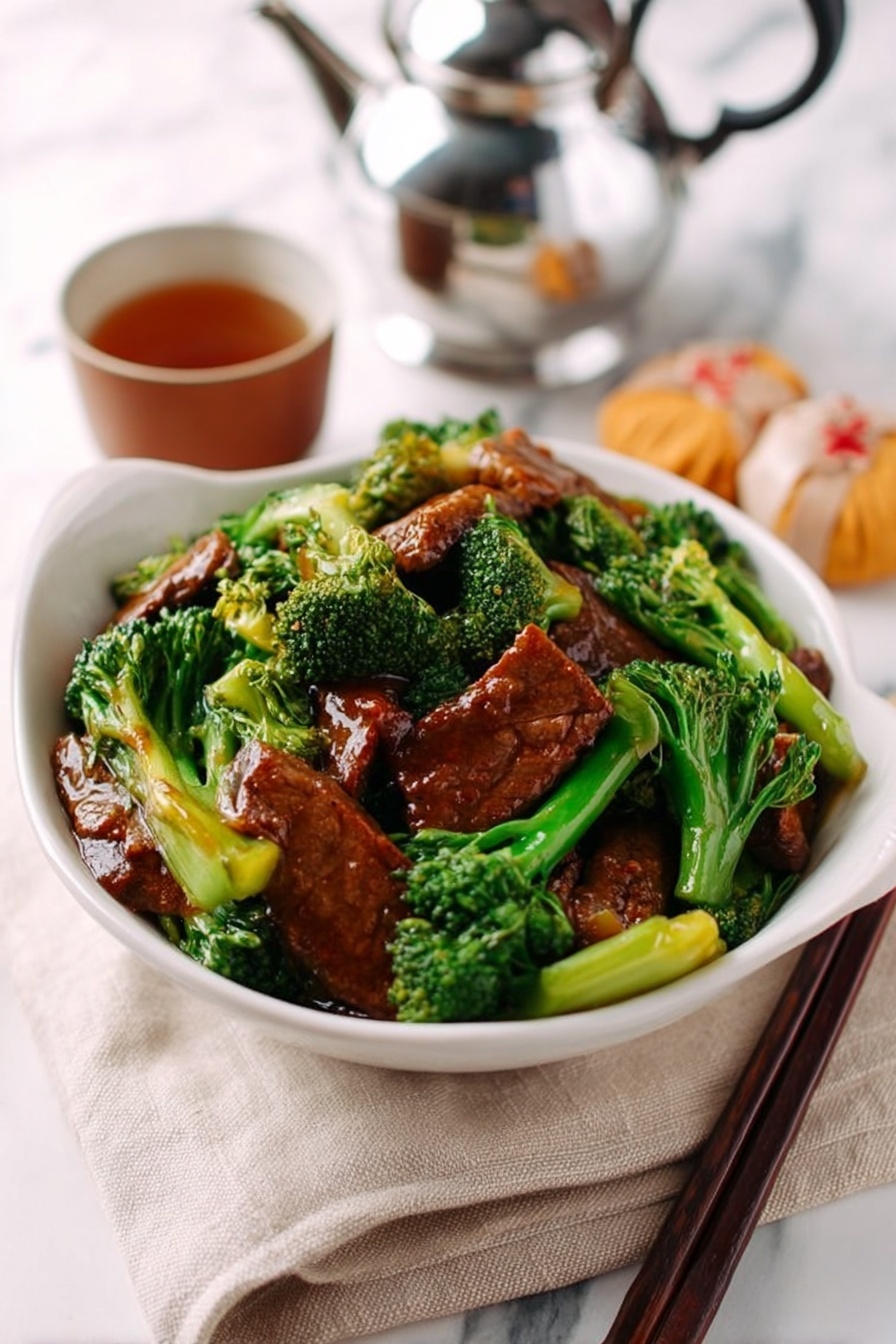 A white bowl is filled with bright green broccoli florets and thick, shiny pieces of brown meat covered in sauce, all mixed together. The bowl sits on a beige cloth on a white marbled surface. In the background, a silver metal teapot is placed alongside a brown cup and a wrapped orange snack. A fork and a pair of chopsticks rest nearby. The overall look is warm and inviting with natural lighting showing the textures clearly. photo taken with an iphone --ar 2:3 --v 7
