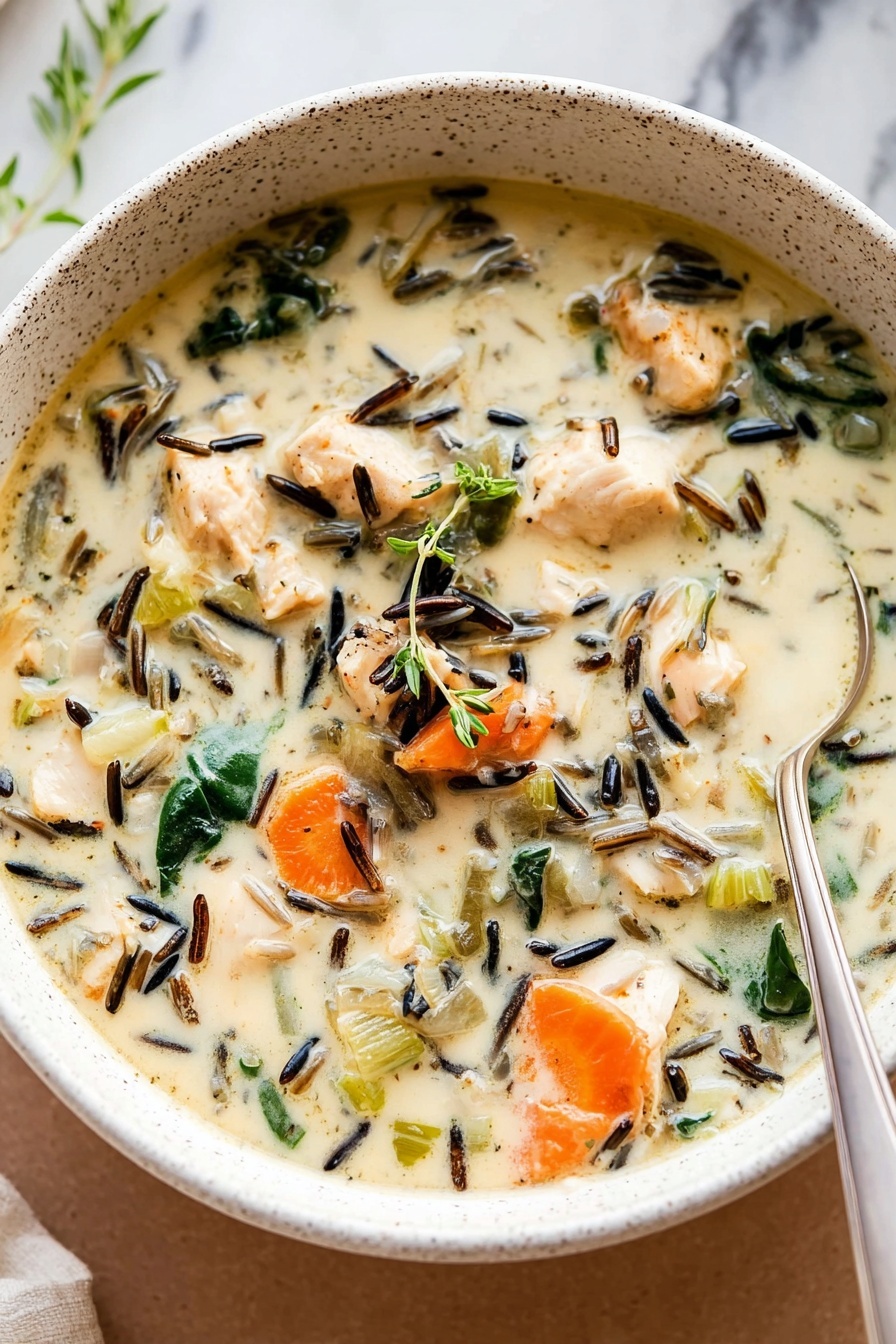 A close-up of a creamy white soup served in a white speckled bowl, filled with layers of soft white chicken pieces, orange carrot slices, dark wild rice grains, bright green spinach leaves and celery chunks, all mixed in a thick creamy broth. A small green herb sprig sits on top as garnish, and a silver spoon is partially dipped into the soup on the right side of the bowl. The bowl sits on a white marbled surface with a soft blurred background. photo taken with an iphone --ar 2:3 --v 7