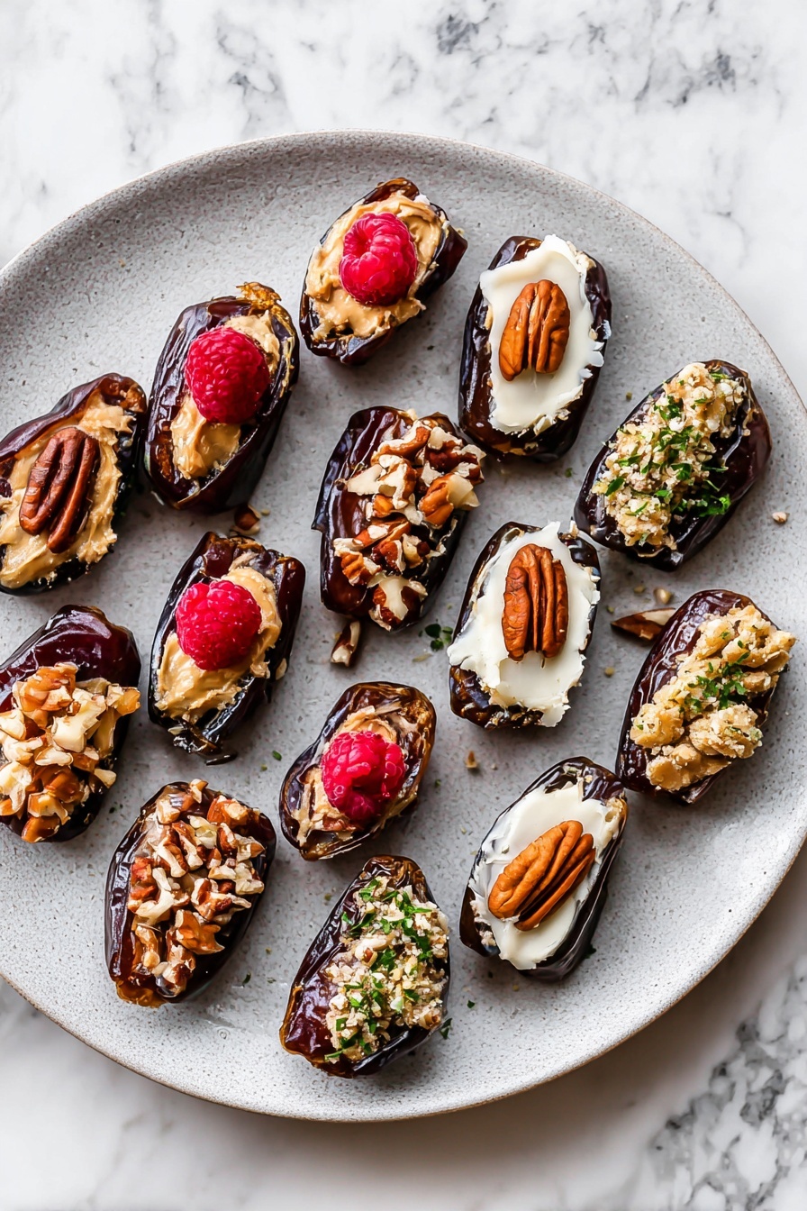 A gray stone plate holds around fifteen dark brown dates, each split open and filled with different toppings. Some dates are filled with a smooth light brown peanut butter and topped with a bright red raspberry. Others have a creamy white cheese with a single pecan and small green herb leaves on top. A few dates are filled with a creamy peanut mix and sprinkled with chopped light brown nuts. The dates have a shiny, sticky texture, and nut pieces are scattered around the plate. The plate is set on a white marbled surface photo taken with an iphone --ar 2:3 --v 7