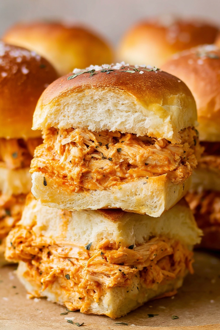 The image shows a stack of two soft white sandwich buns filled with shredded chicken coated in a creamy, bright orange sauce. The top bun has a shiny, slightly browned surface sprinkled lightly with herbs and salt. The shredded chicken filling looks moist and textured, spilling slightly from the sides of the buns. Around the stacked sandwich, more sandwich buns with the same filling appear blurred in the background. The sandwiches sit on a white marbled surface. photo taken with an iphone --ar 2:3 --v 7
