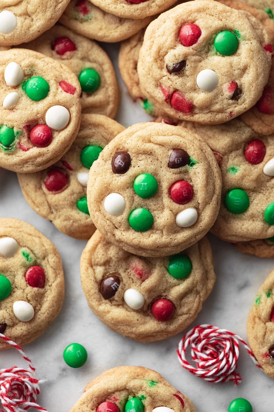 A pile of round cookies with a light golden brown color is shown on a white marbled surface. Each cookie is studded with colorful candy pieces in red, green, and white, along with bits of dark brown chocolate chips scattered evenly on top. The cookies have a soft, slightly bumpy texture and are layered close together, some overlapping each other. Near the bottom right, a red and white twisted string is placed partly under and around some cookies, adding a festive touch. The overall scene is bright and warm with the focus on the cookies. photo taken with an iphone --ar 2:3 --v 7
