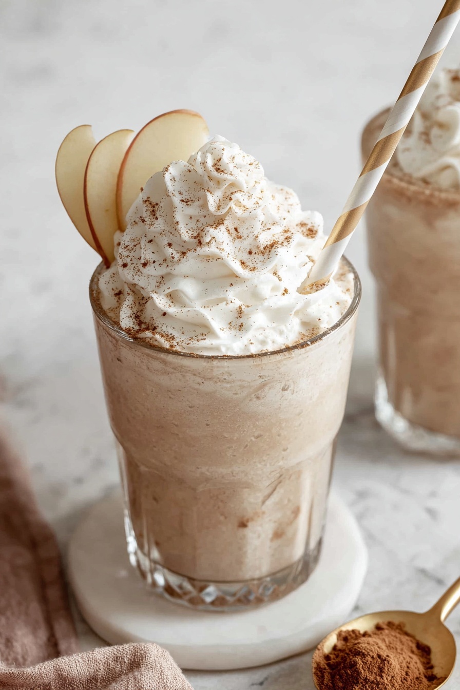 The image shows two clear glasses each filled with a creamy, light brown smoothie that has a slightly thick texture with visible small bits inside. Both drinks are topped with a generous swirl of white whipped cream sprinkled with light brown cinnamon powder. One glass on the right has a white and gold striped paper straw inserted. The glasses rest on a white marbled round plate, which also holds a small gold spoon with cinnamon powder on it. Around the plate and on the white marbled surface, there are whole cinnamon sticks scattered. In the background, to the right, there is a white bowl filled with sliced red and yellow apples and a small white pitcher behind it. The overall setting is bright and clean with soft natural light. photo taken with an iphone --ar 2:3 --v 7