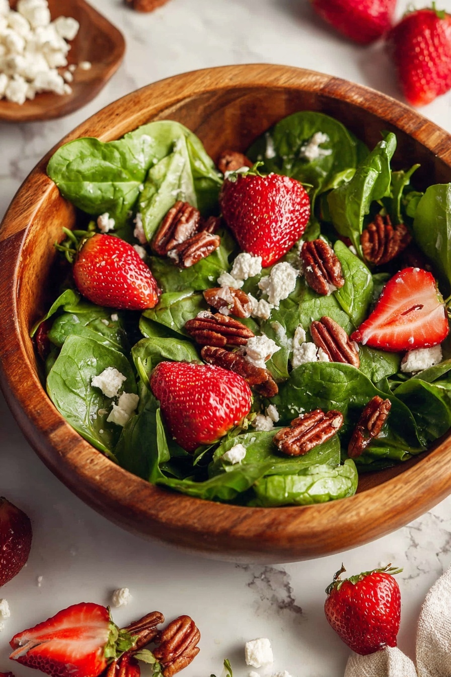 A wooden bowl filled with fresh spinach leaves forming the base layer, showing their deep green smooth texture and veins; on top, there are slices of bright red strawberries evenly spread, their juicy and soft texture visible with white inner parts; scattered over these are small white pieces of crumbly cheese and dark brown glazed pecans adding contrast and crunch; the bowl is placed on a white marbled surface, surrounded by whole strawberries, pecans, and a block of crumbled white cheese; the overall look is fresh, colorful, and vibrant. photo taken with an iphone --ar 2:3 --v 7