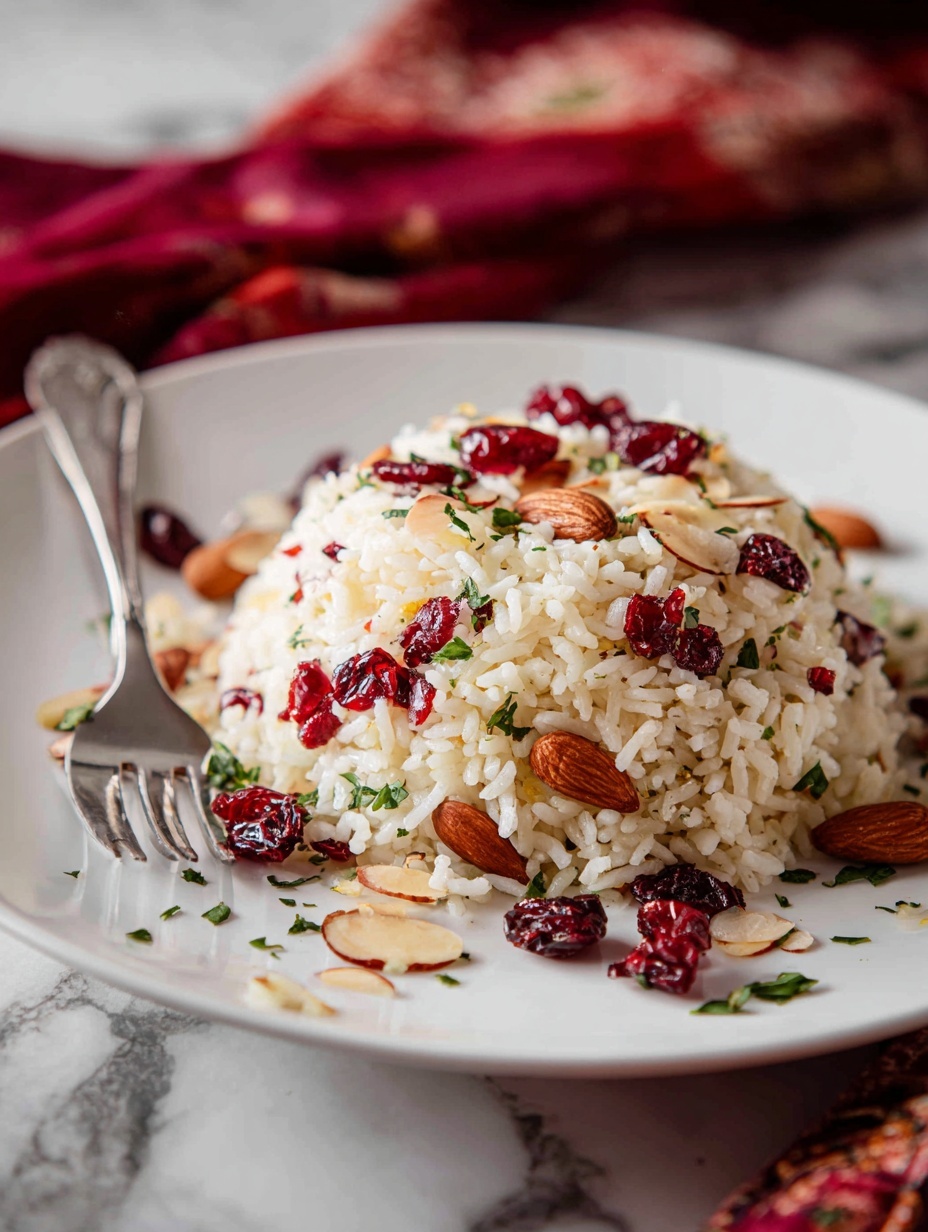 A white plate holds a mound of light brown cooked rice mixed with dark red cranberries and light golden sliced almonds. Green small herbs are scattered on and around the rice, adding touches of freshness. The dish sits on a beige textured cloth with blurred red and green elements in the background. The rice grains are separate and fluffy, with the cranberries and almonds evenly spread throughout. photo taken with an iphone --ar 2:3 --v 7