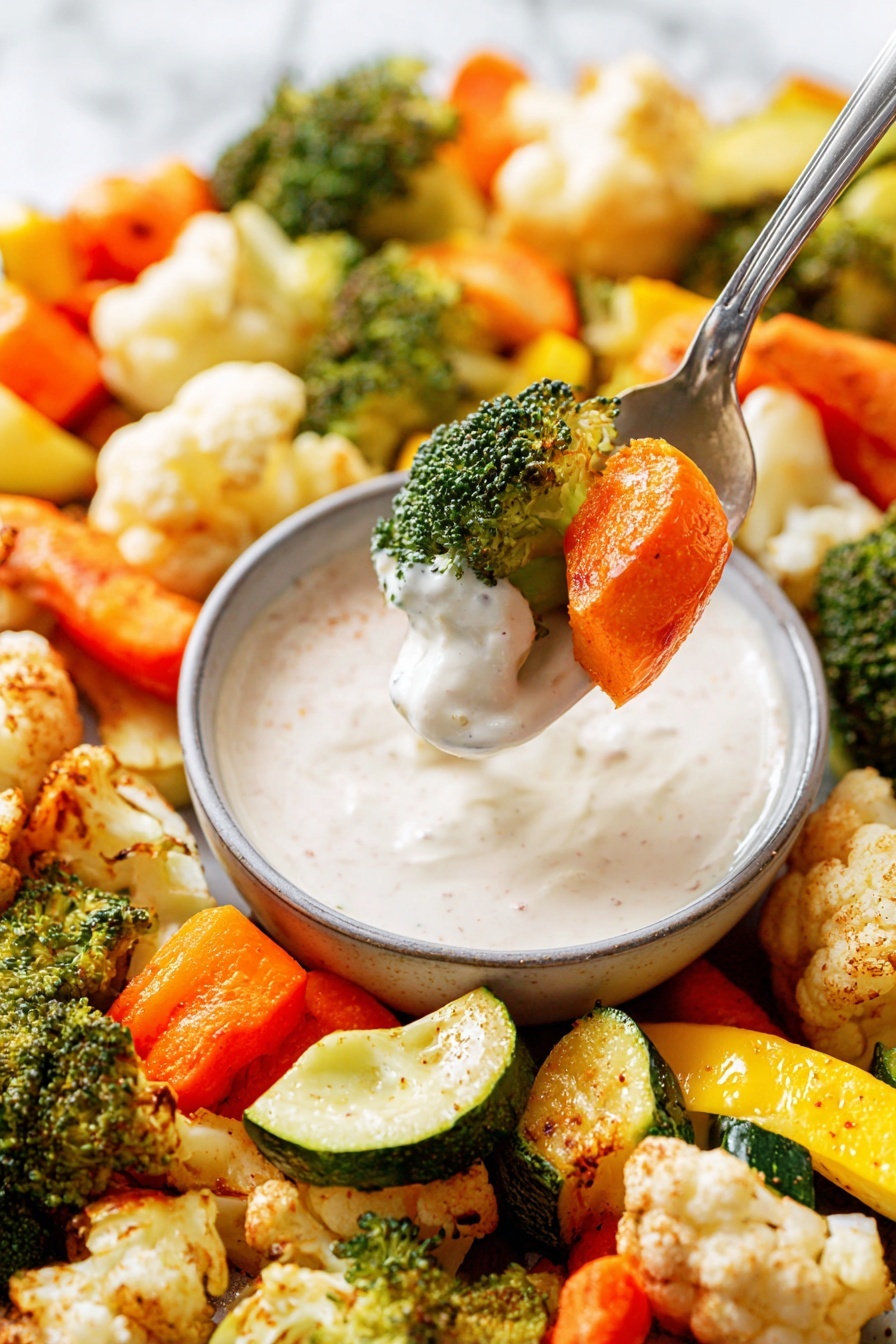 A roasting pan filled with a colorful mix of roasted vegetables showing three main layers: the bottom layer is made of white and light brown roasted cauliflower florets with charred edges, the middle layer includes bright green broccoli florets with a rough texture, and the top layer features smooth, bright orange carrot slices and small pieces of green and yellow zucchini scattered evenly. A white round bowl filled with creamy white dip with slight swirls sits on the top right corner of the pan, which rests on a white marbled surface. photo taken with an iphone --ar 2:3 --v 7
