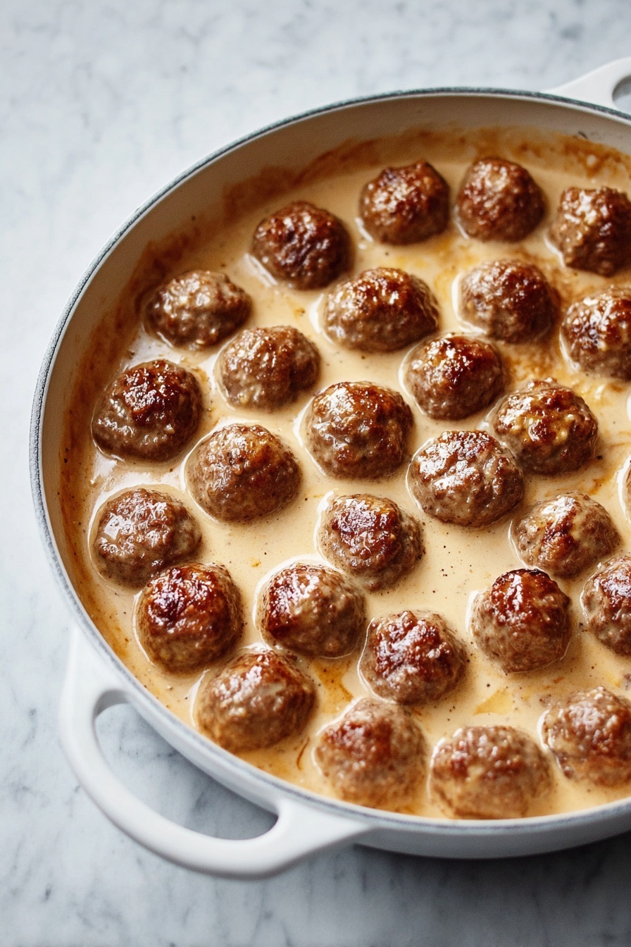 A white oval pot filled with about 30 browned meatballs evenly spaced and partly covered in a thick light brown creamy sauce. The meatballs have a slightly rough texture with some green flecks, and the sauce has a smooth, glossy surface that pools around the meatballs, leaving some edges visible near the pot sides. The pot sits on a white marbled surface, and the image is taken from above. photo taken with an iphone --ar 2:3 --v 7
