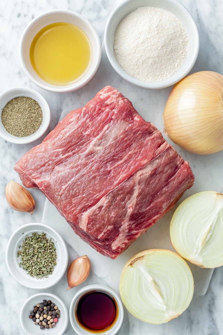 Flat lay of a thick raw chuck roast with marbled fat, three large halved and sliced yellow onions showing their white and golden layers, a small white bowl filled with bright greenish-gold olive oil, a few whole uncracked brown garlic cloves next to a small pile of minced garlic, a small white bowl with dried oregano leaves, another small white bowl with dried thyme, a small white bowl of all-purpose flour, a small white bowl filled with rich dark red wine, a small white bowl with deep brown Worcestershire sauce, a small white bowl containing coarse sea salt, and another small white bowl with freshly ground black pepper, arranged symmetrically on a clean white marble surface, soft natural light, photo taken with an iPhone, professional food photography style, fresh ingredients, white ceramic bowls, no bottles, no duplicates, no utensils, no packaging --ar 2:3 --v 7 --p m7354615311229779997