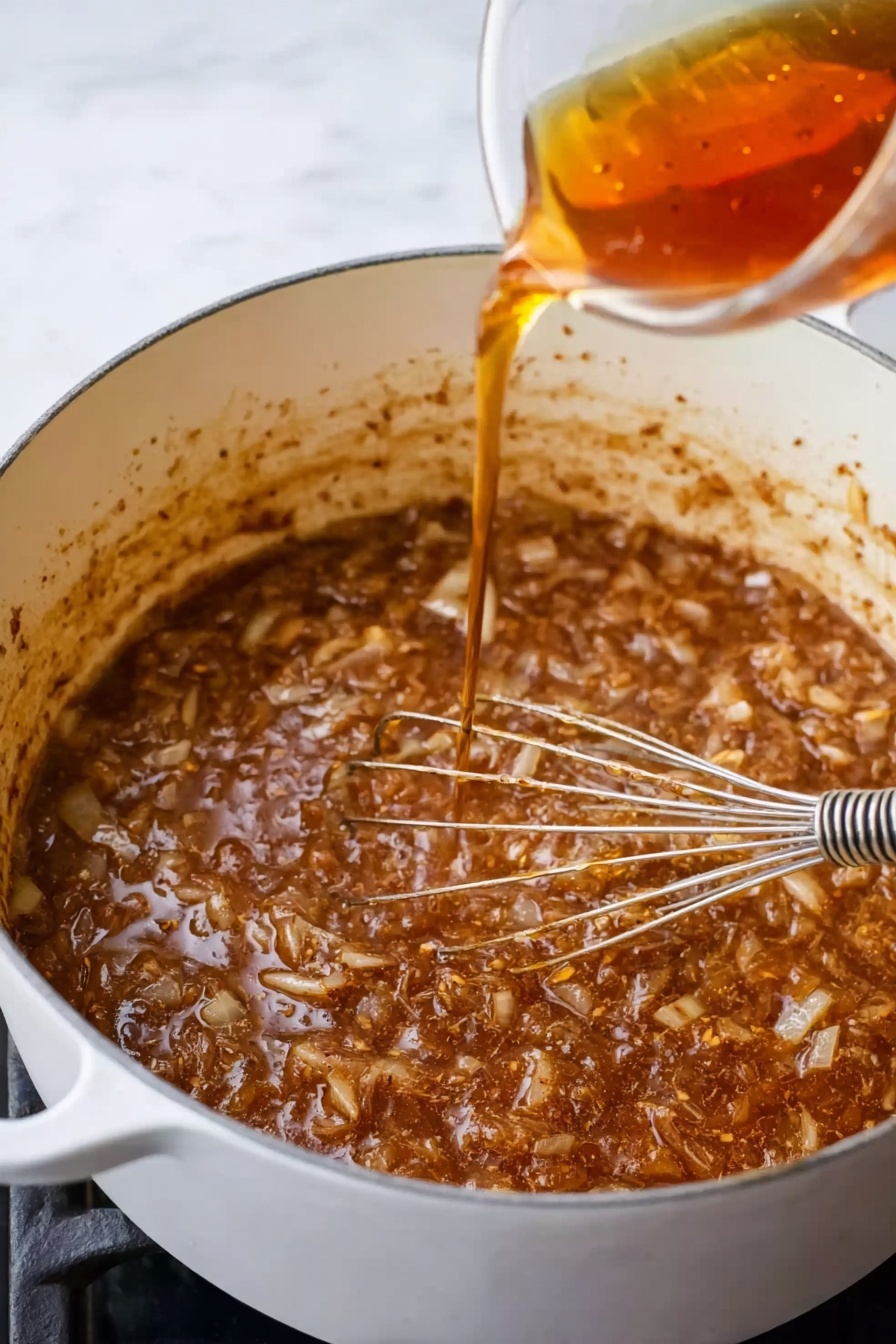 The image shows a white pot filled with caramelized onions in a thick, brown sauce. The onions are soft and translucent, mixed well with the sauce that has a rich, slightly chunky texture. A woman's hand is holding a clear glass container, pouring a thin stream of amber liquid into the pot, adding more sauce or broth. A metal whisk is inside the pot, partly submerged in the mixture, helping to stir it. The background is a white marbled surface, giving a clean and bright look. photo taken with an iphone --ar 2:3 --v 7