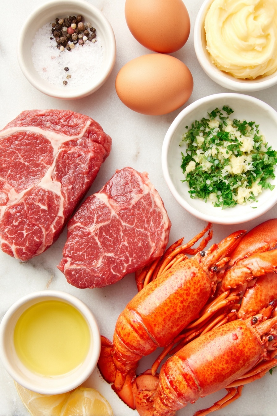 Flat lay of two raw filet mignon steaks with marbling, two fresh lobster tails with bright red shells and exposed white meat, a small white ceramic bowl of softened pale yellow butter, a small white bowl with finely minced shallot, a small white bowl with minced garlic, a small white bowl with chopped fresh green parsley, a small white bowl containing vibrant yellow fresh lemon juice, several bright yellow lemon wedges, a small white bowl with golden olive oil, a small white bowl of coarse kosher salt crystals, a small white bowl of cracked black peppercorns, and two whole uncracked brown eggs placed on a clean white marble surface, soft natural light, photo taken with an iPhone, professional food photography style, fresh ingredients, white ceramic bowls, no bottles, no duplicates, no utensils, no packaging --ar 2:3 --v 7 --p m7354615311229779997