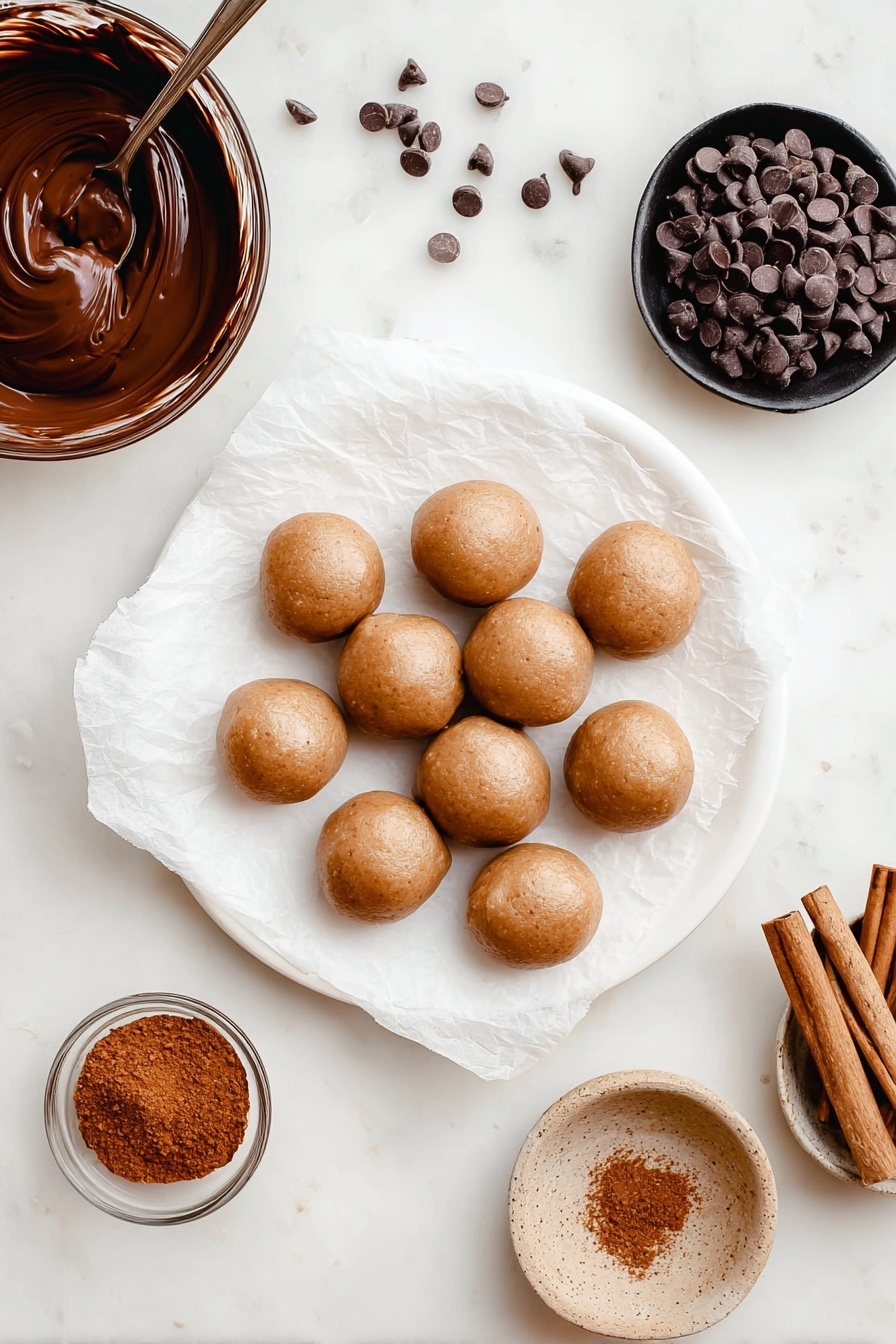 There is a white plate with a layer of white parchment paper holding eleven round, smooth, brown balls of dough, evenly spaced. Above the plate, there is a stainless steel bowl with dark melted chocolate showing a shiny texture. To the right, a small white dish contains many dark chocolate chips, some scattered around it. Below the chocolate chips, a clear small bowl holds a reddish-brown powder. On the lower right side, a beige textured bowl contains three sticks of cinnamon. The entire scene is set on a white marbled surface. Photo taken with an iphone --ar 2:3 --v 7
