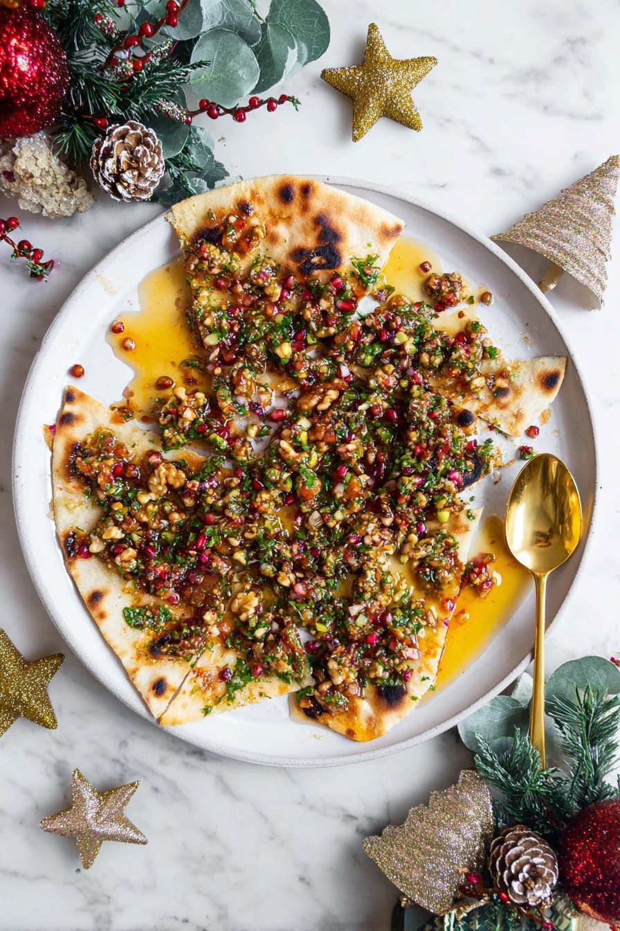 The dish shows a round, torn flatbread on a white plate, mostly topped with a colorful mix of minced nuts, herbs, and small red fruit pieces that create a textured pattern across the surface. Around the edges of the flatbread, you can see bits of the bread with a soft, pillowy texture showing through the topping. The topping layers shine with a glossy, oily orange layer soaked into the bread, mixing green herbs, brown nuts, and red fruit pieces scattered evenly. A gold spoon rests to the right side of the plate on a white marbled surface, with festive holiday decorations visible around the plate. Photo taken with an iphone --ar 2:3 --v 7