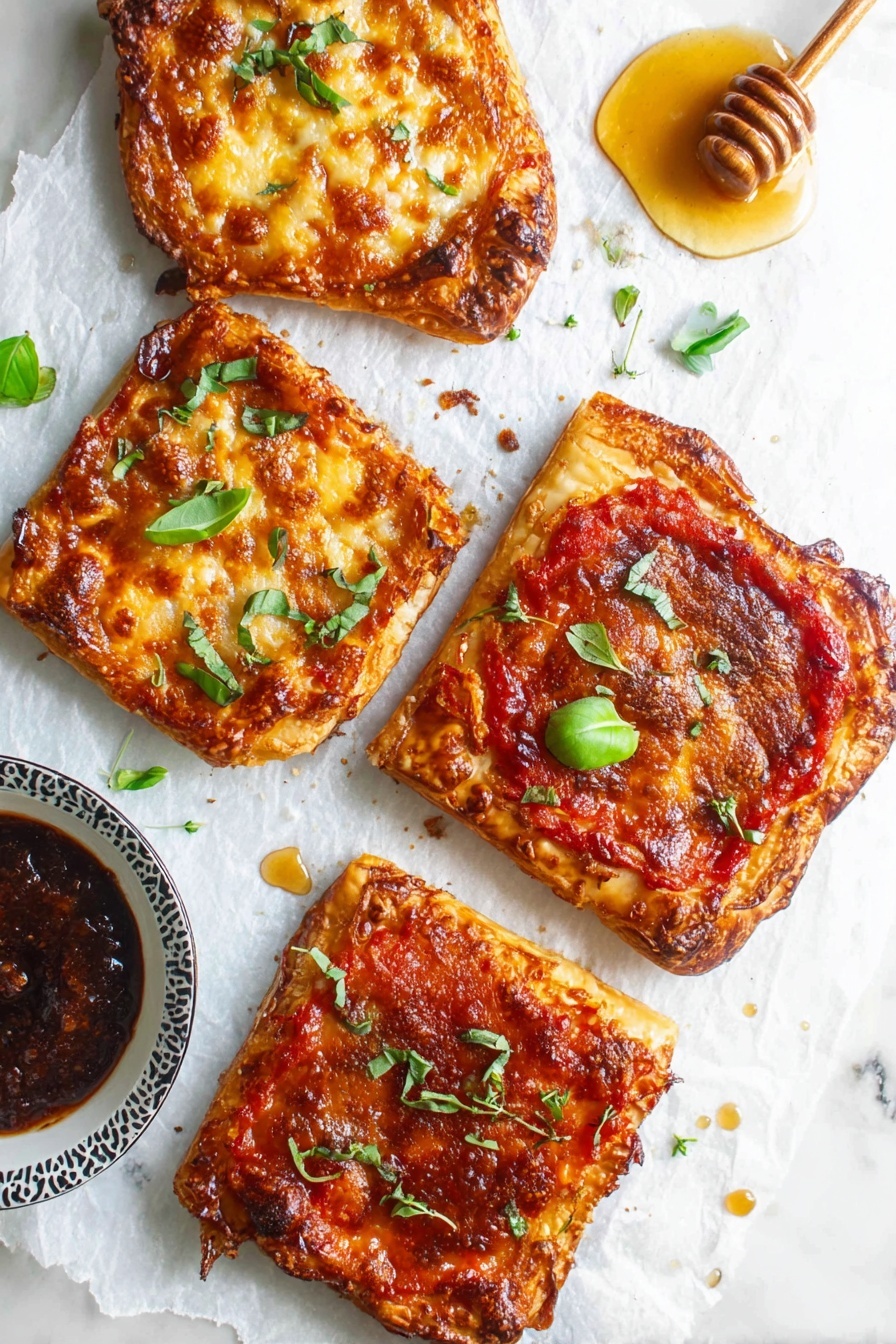 The image shows four small square mini pizzas on white parchment paper over a white marbled surface. Each pizza has a golden-brown crispy crust with slightly burnt edges. The top layer is bright red tomato sauce, spread unevenly, with melted cheese beneath it creating an orange tint around the edges. Fresh green basil leaves, sliced thinly, are scattered on top of each pizza. In the top right corner, there is a wooden honey dipper with some honey dripped around it. Some extra basil leaves are scattered on the parchment paper for decoration. A small bowl with dark chili oil sauce is partly visible at the bottom left corner. photo taken with an iphone --ar 2:3 --v 7