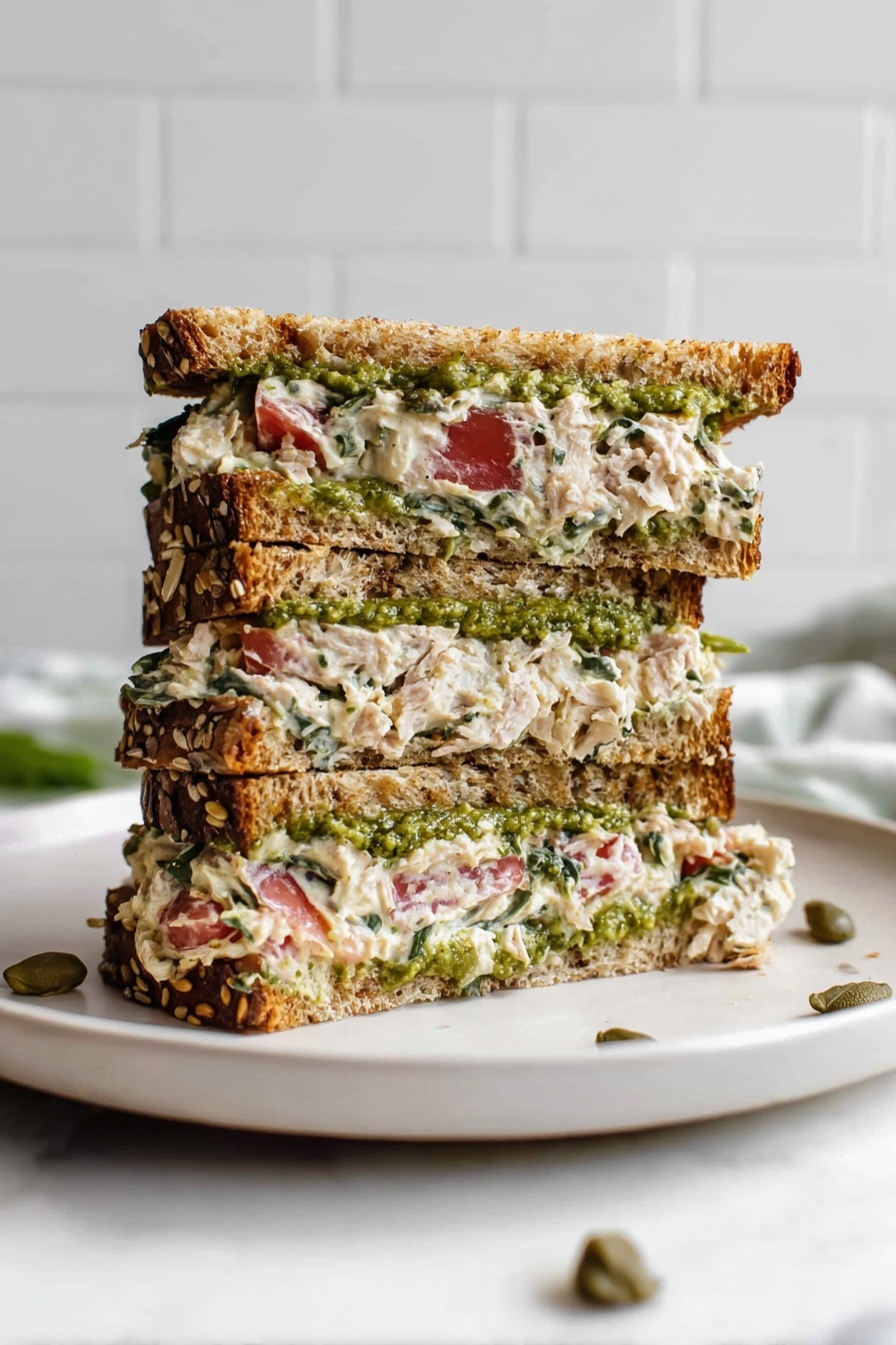 A sandwich cut into two halves stacked on top of each other on a white plate, placed on a white marbled surface. The sandwich has three slices of multigrain bread, with visible seeds and a light brown crust. Between the slices, there are thick layers of creamy tuna salad mixed with small red tomato pieces and green herbs, along with a green spread that looks like pesto on the inner sides of the bread. Some salad mix and small seeds are scattered on the plate around the sandwich. The background is simple and light, highlighting the sandwich. Photo taken with an iphone --ar 2:3 --v 7